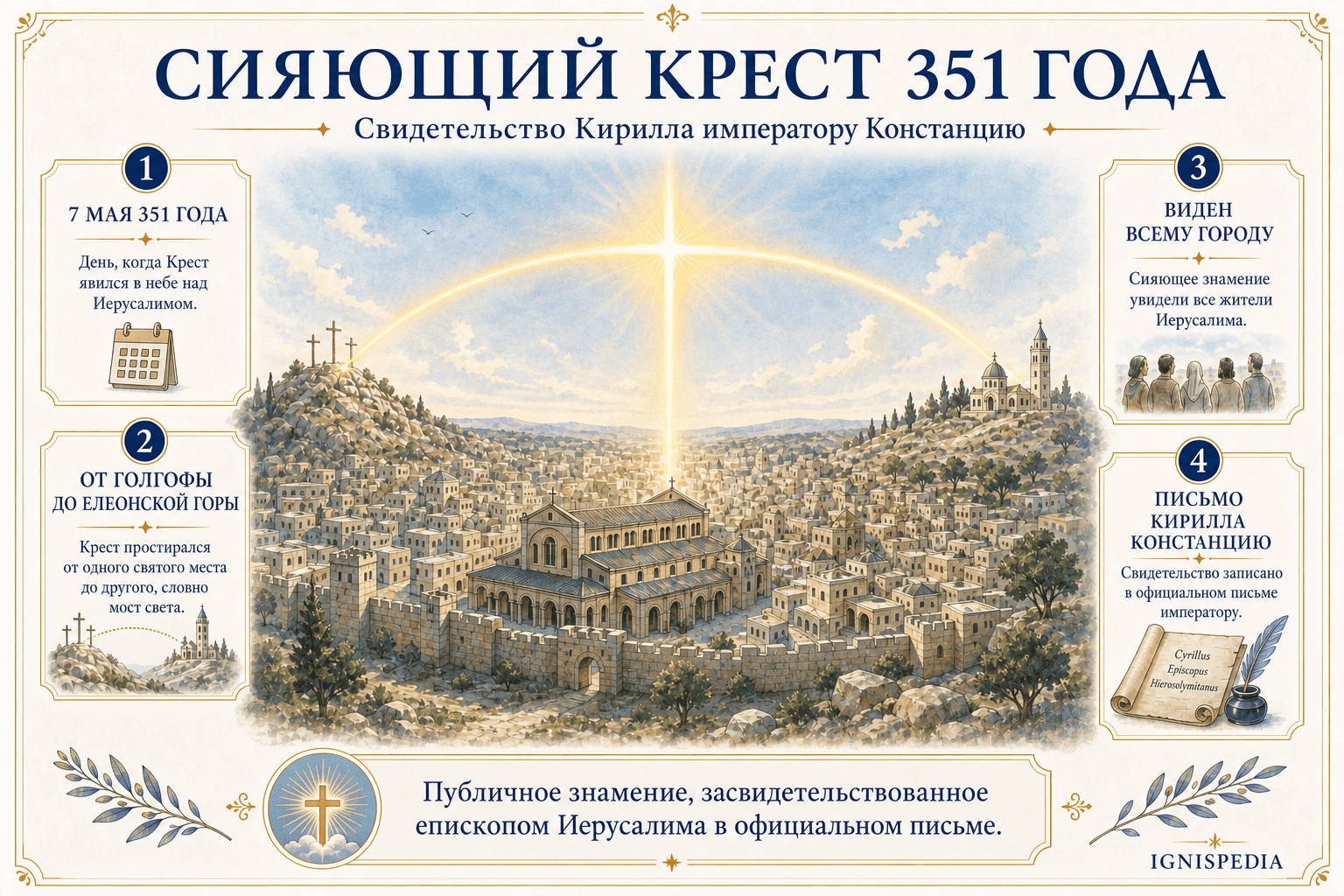 Инфографика, изображающая светящийся крест 351 года над Иерусалимом, от Голгофы до Елеонской горы
