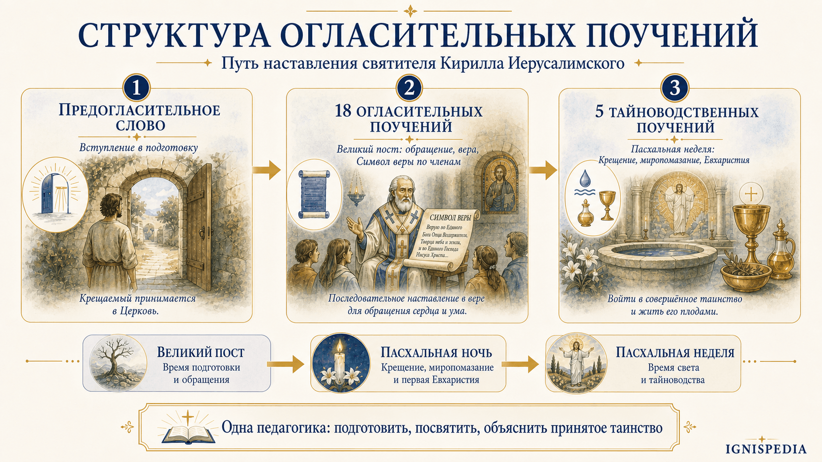 Инфографика, показывающая структуру катехез святителя Кирилла: Прокатехизис, восемнадцать крещальных катехез и пять таиноводственных катехез