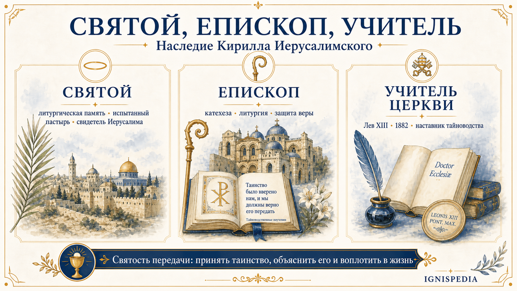 Триптих инфографики о наследии святителя Кирилла Иерусалимского: святой, епископ и Учитель Церкви