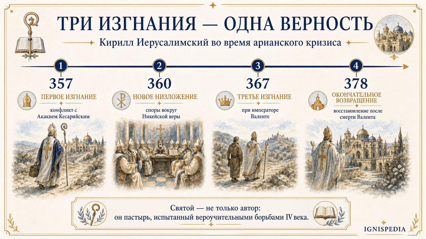 Инфографическая хронология трёх изгнаний святителя Кирилла Иерусалимского с 357 года до окончательного возвращения в 378 году