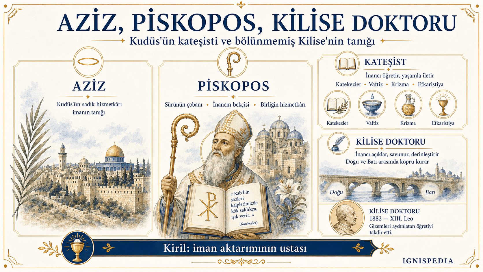 Aziz Kiril Yeruşalimli’nin mirası üzerine üç bölümlü infografik: aziz, piskopos ve Kilise Doktoru