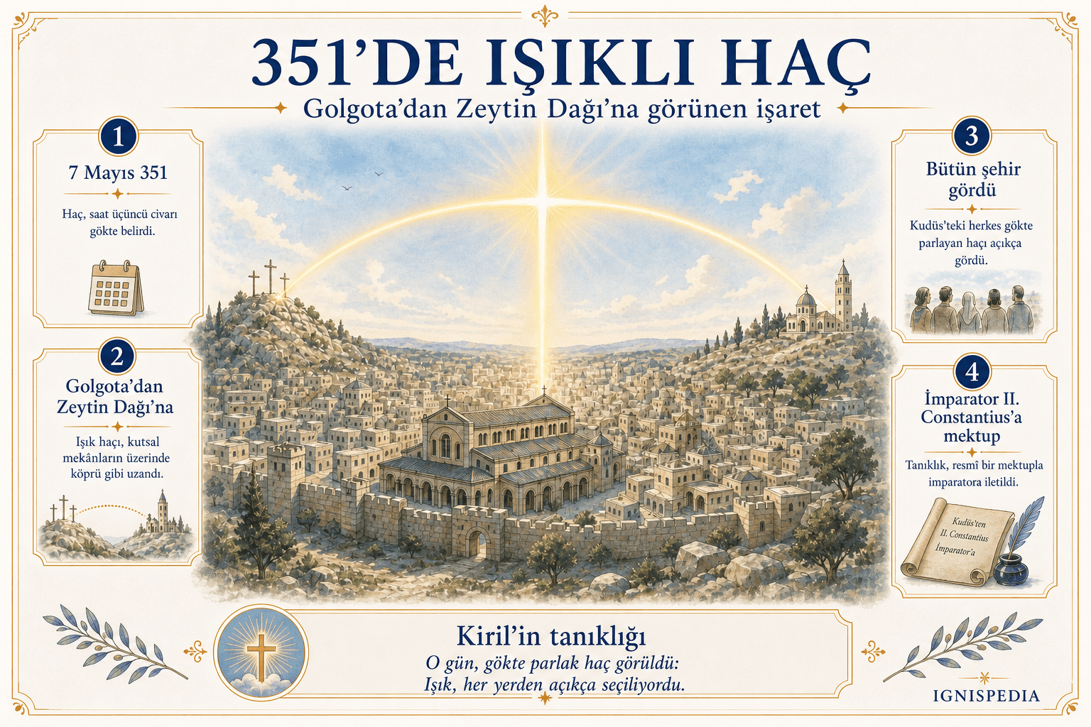 351 yılındaki ışıklı haçı temsil eden infografik, Yeruşalim üzerinde, Golgota’dan Zeytin Dağı’na kadar