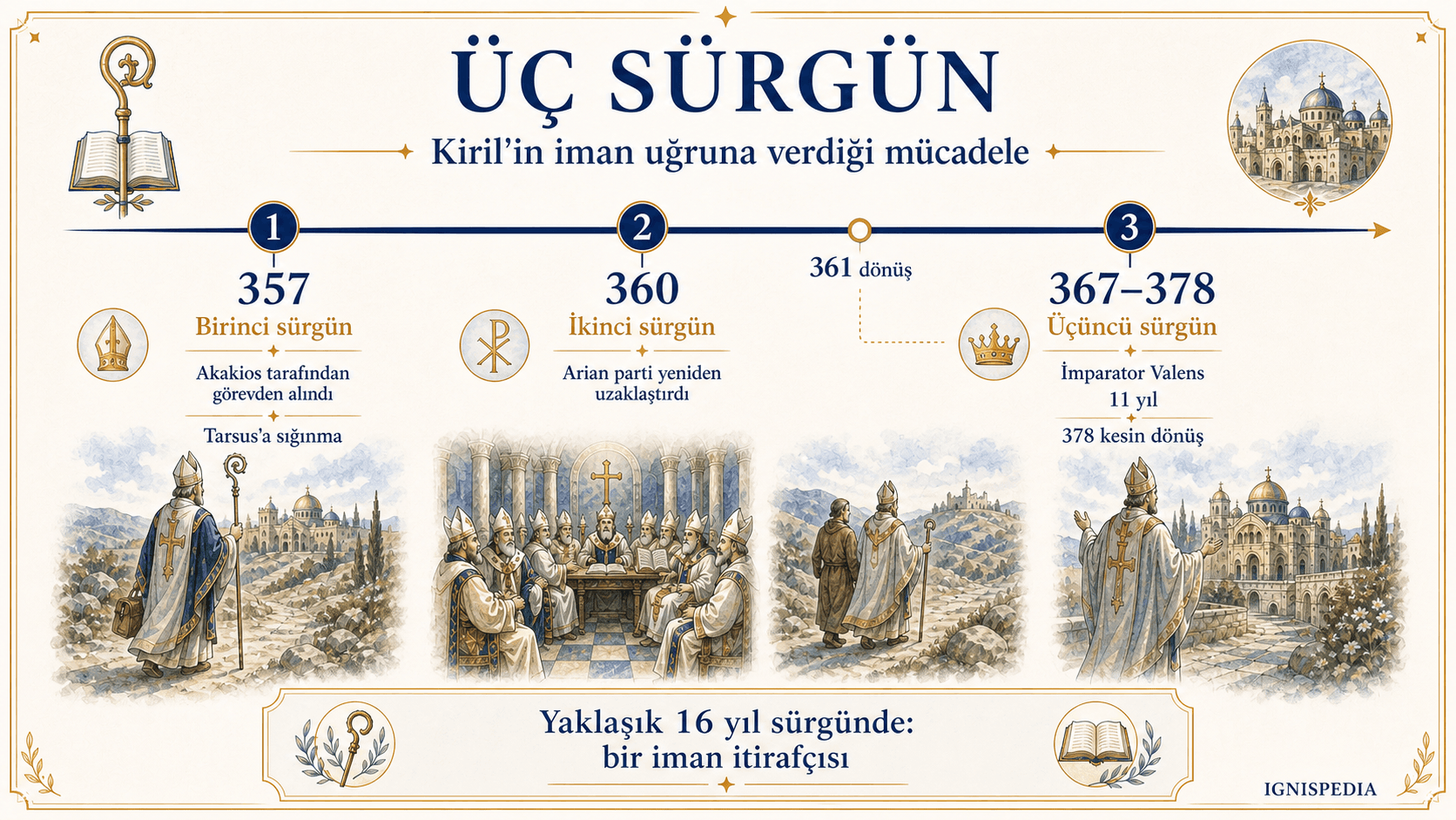 Aziz Kiril’in üç sürgününü, 357’den 378’deki kesin dönüşüne kadar gösteren infografik zaman çizgisi