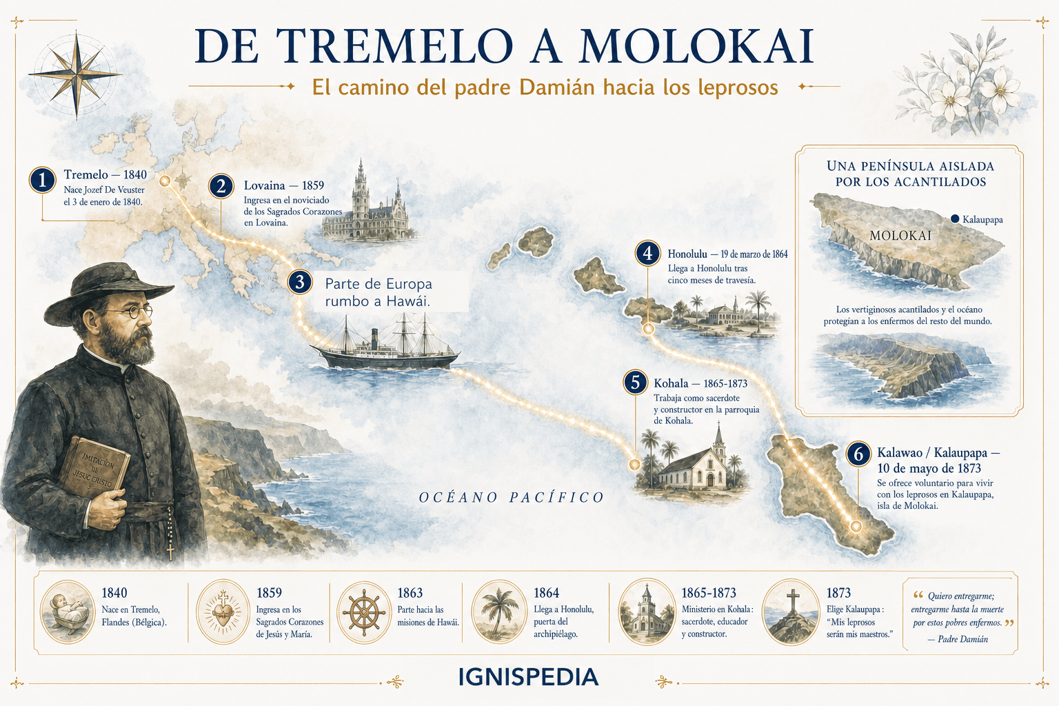Infografía del itinerario misionero de san Damián, desde Tremelo hasta Molokai