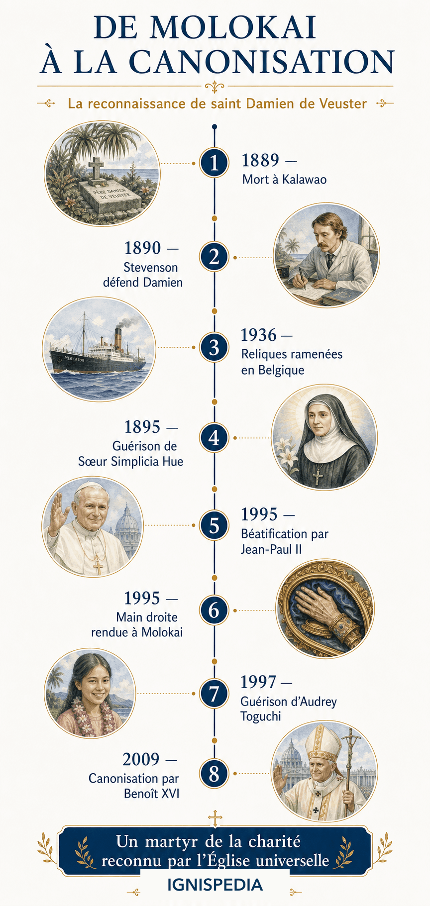 Frise de la reconnaissance ecclésiale de saint Damien, de sa mort à sa canonisation