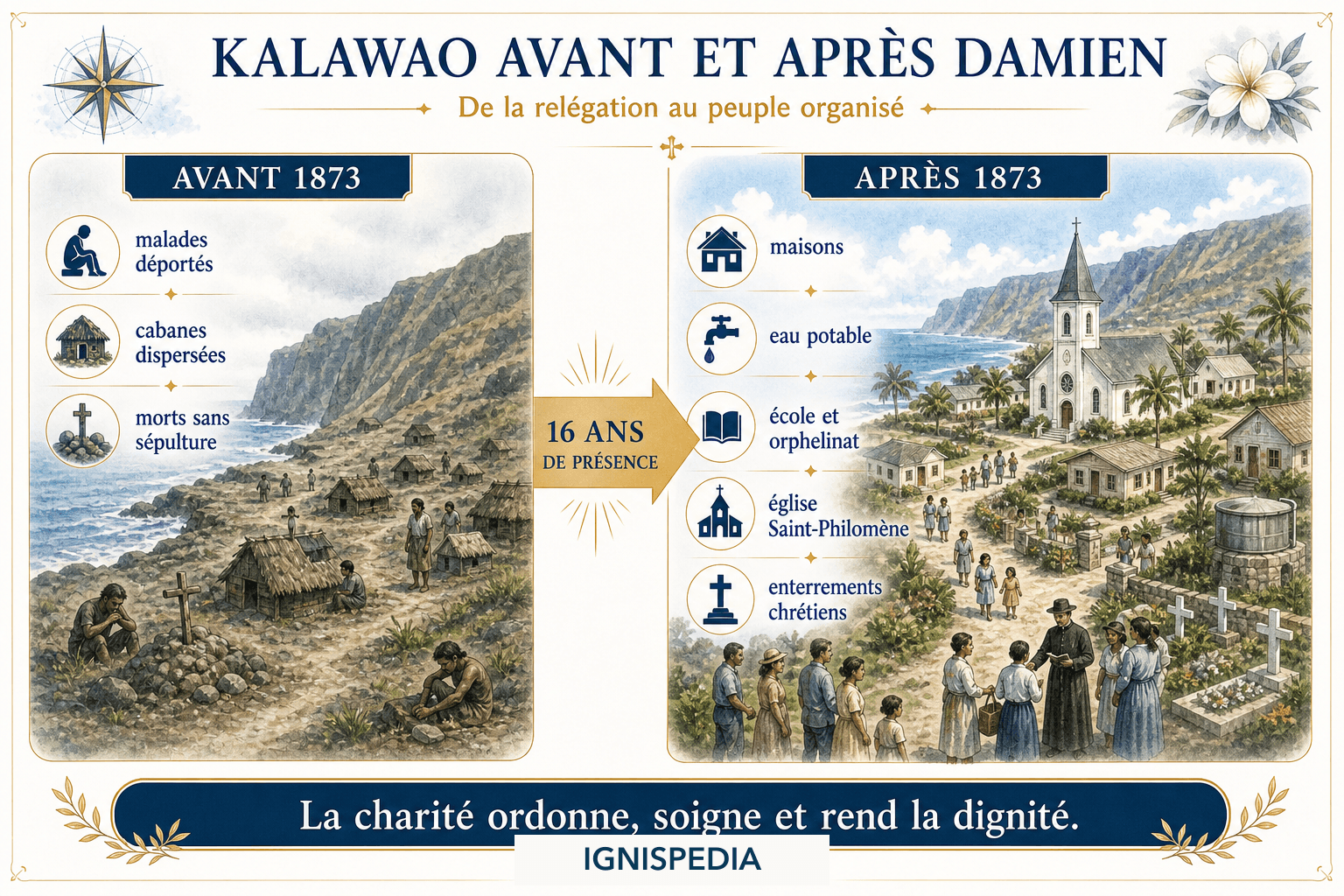 Infographie comparant Kalawao avant et après l'arrivée de saint Damien