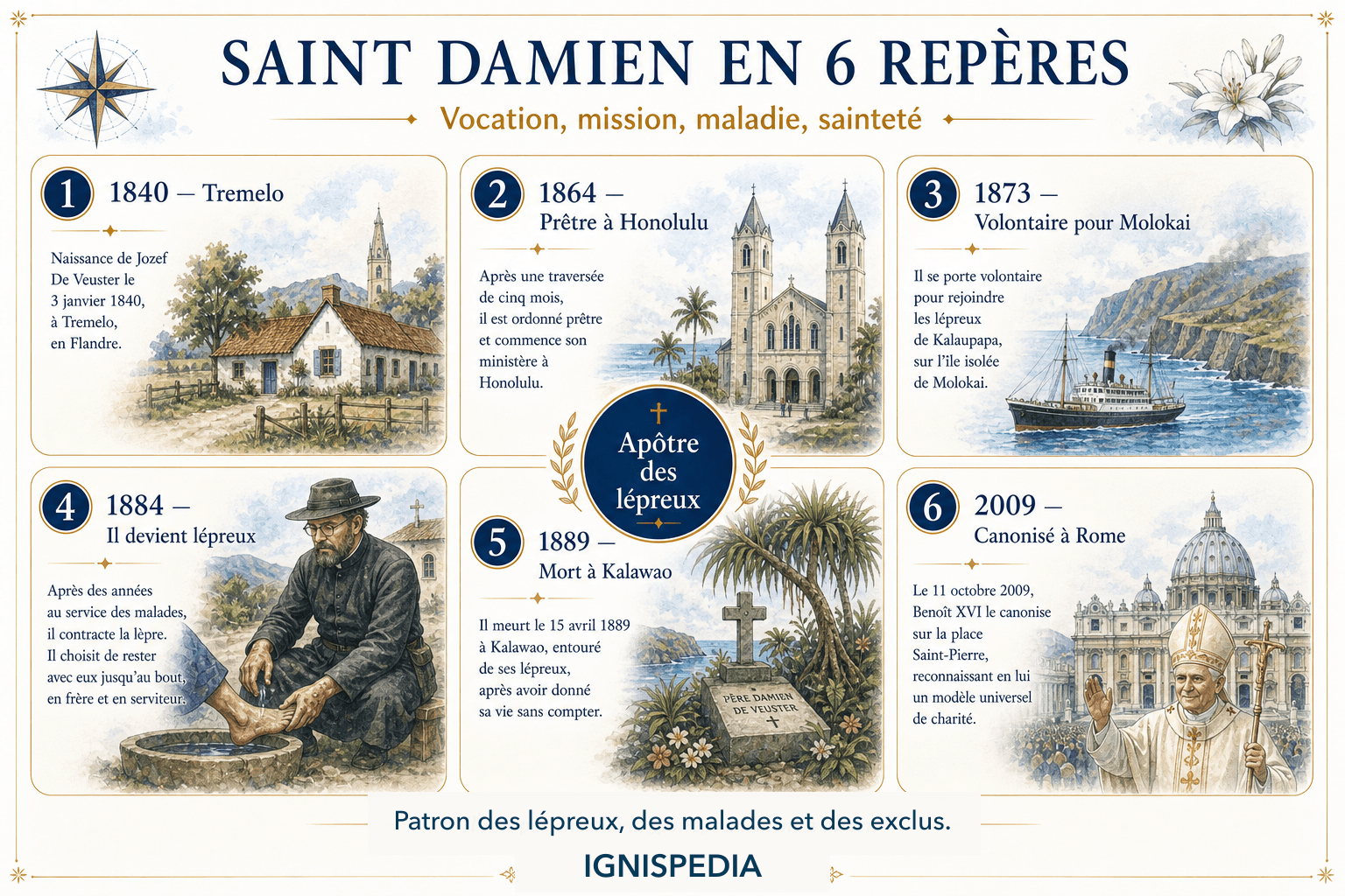 Infographie résumant six repères essentiels de la vie de saint Damien