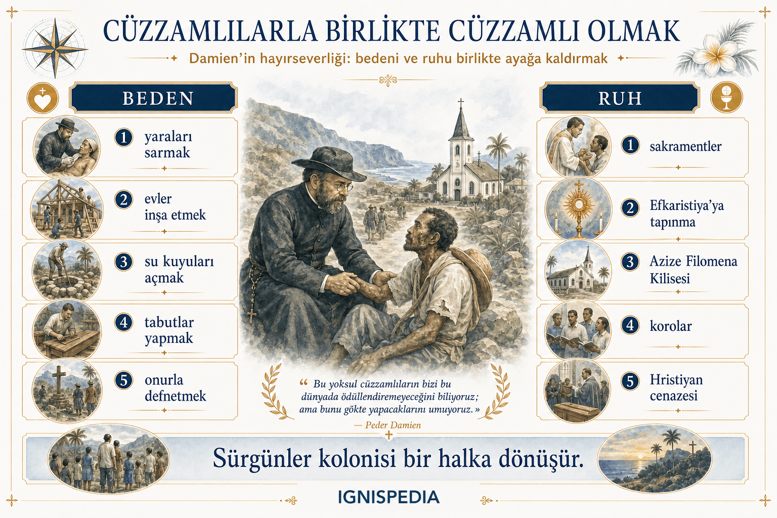 Aziz Damien'in cüzzamlılar arasında bedene ve ruha birlikte hizmetini anlatan Türkçe infografik