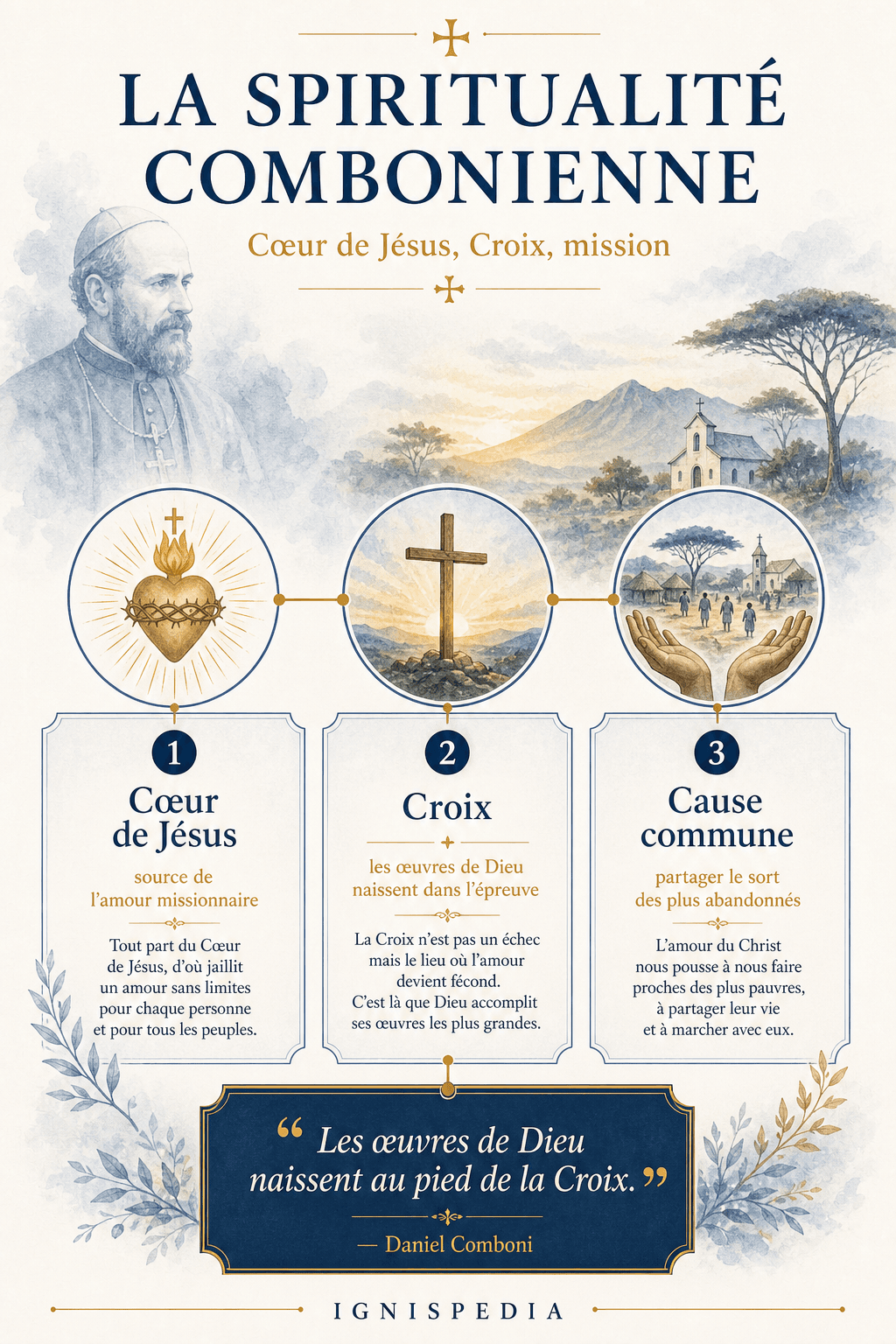 Infographie de la spiritualité combonienne autour du Cœur de Jésus, de la Croix et de la cause commune avec les plus abandonnés