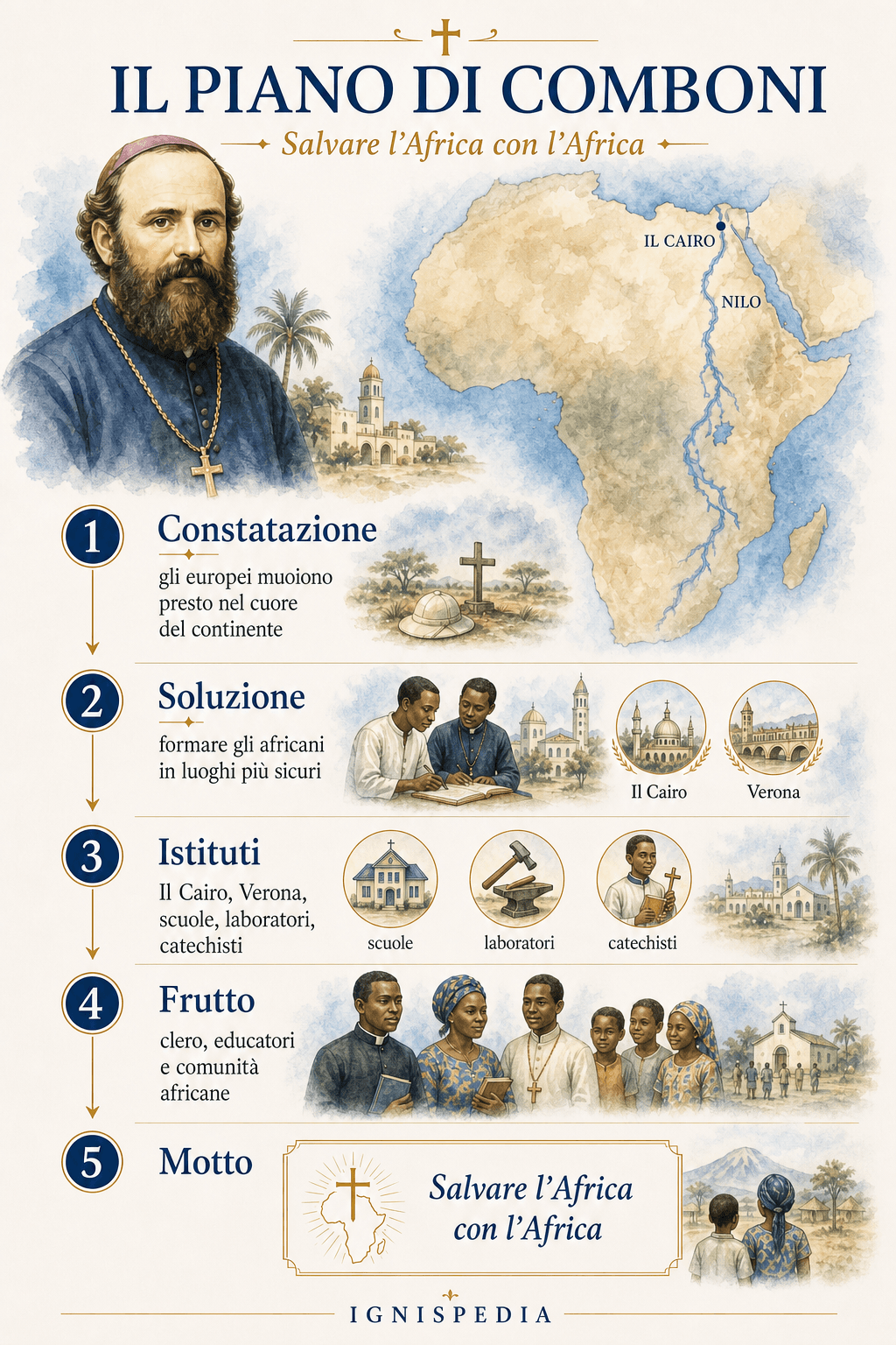 Infografica del Piano di Comboni che riassume il motto Salvare l'Africa con l'Africa