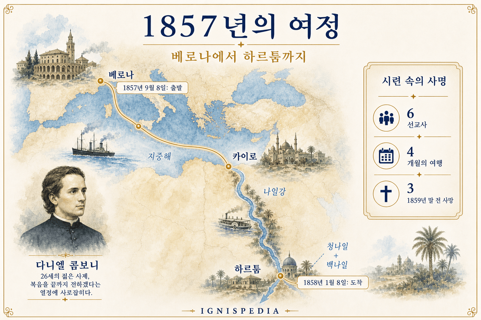 1857-1858년 베로나, 카이로, 하르툼을 잇는 다니엘 콤보니의 여정 지도 인포그래픽