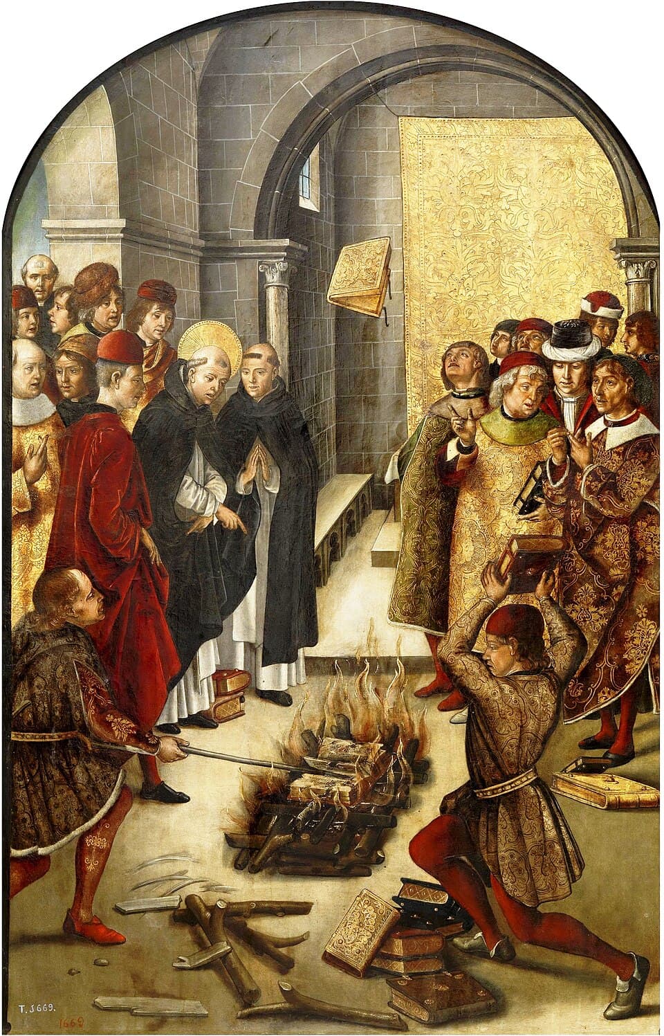 Santo Domingo y los albigenses, cuadro de Pedro Berruguete que representa el milagro del libro preservado del fuego