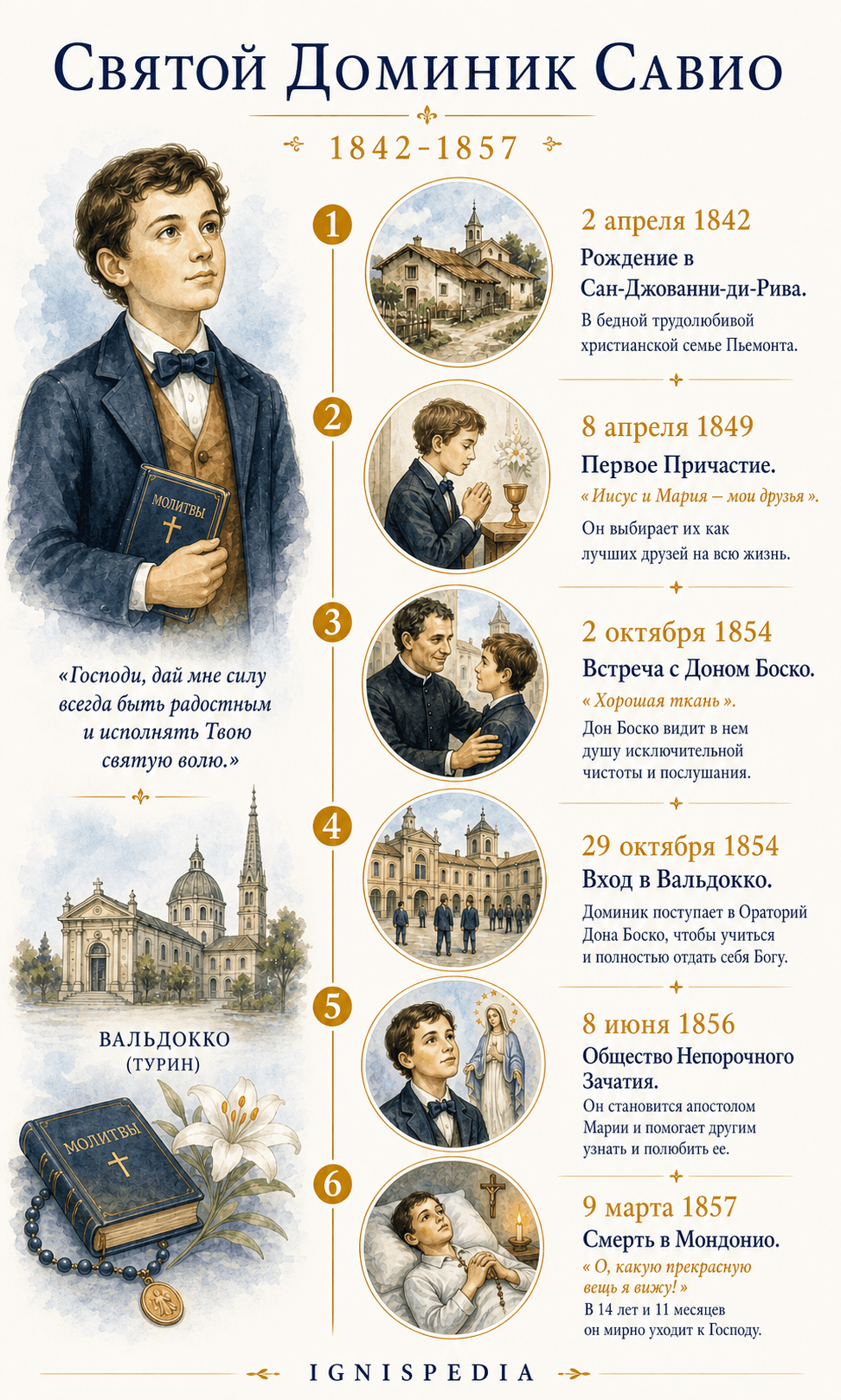 Русская инфографика с хронологией жизни святого Доминика Савио с 1842 по 1857 год