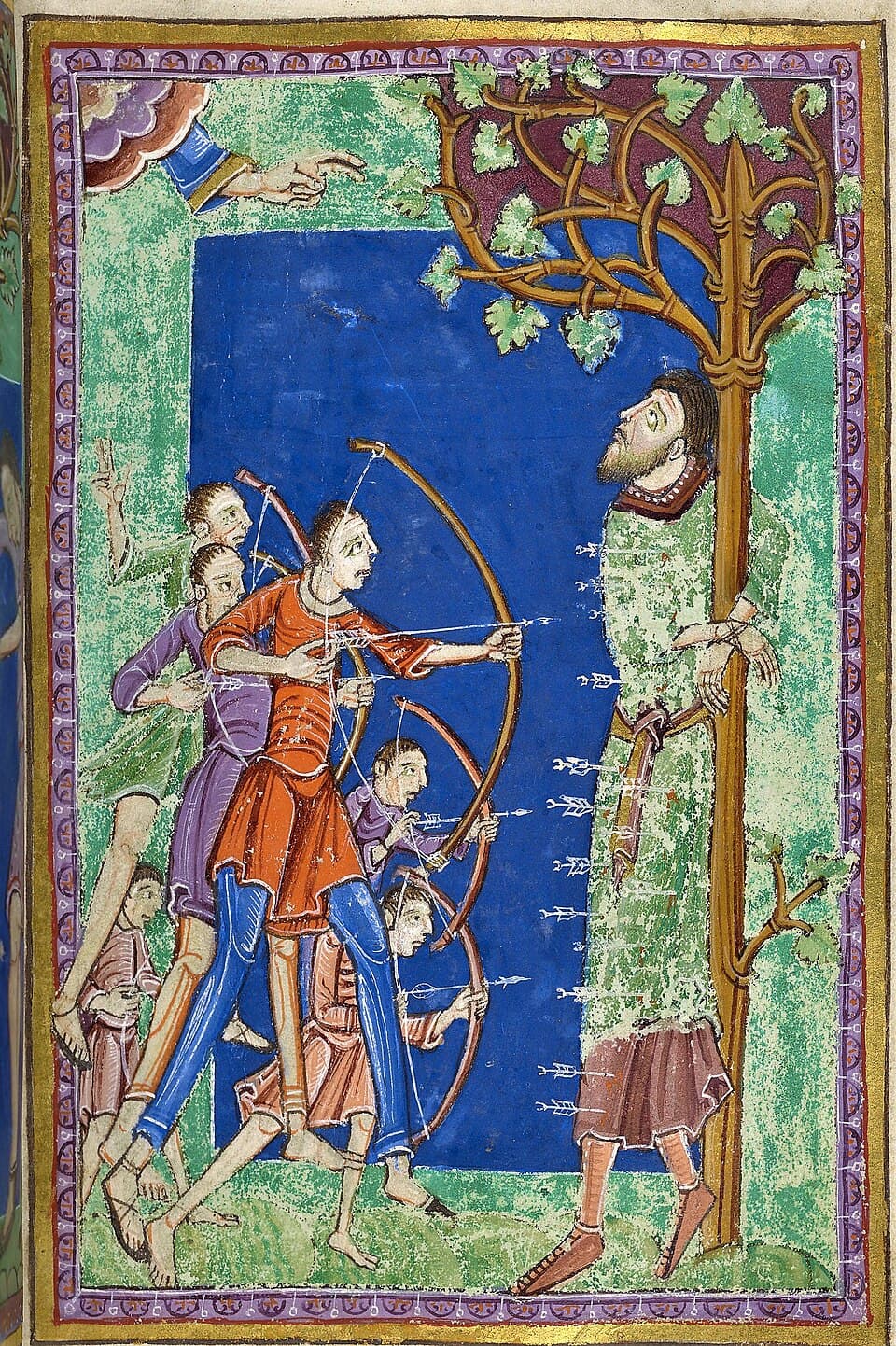 Miniatura męczeństwa świętego Edmunda: król przeszyty strzałami, około 1130, Morgan Library MS M.736