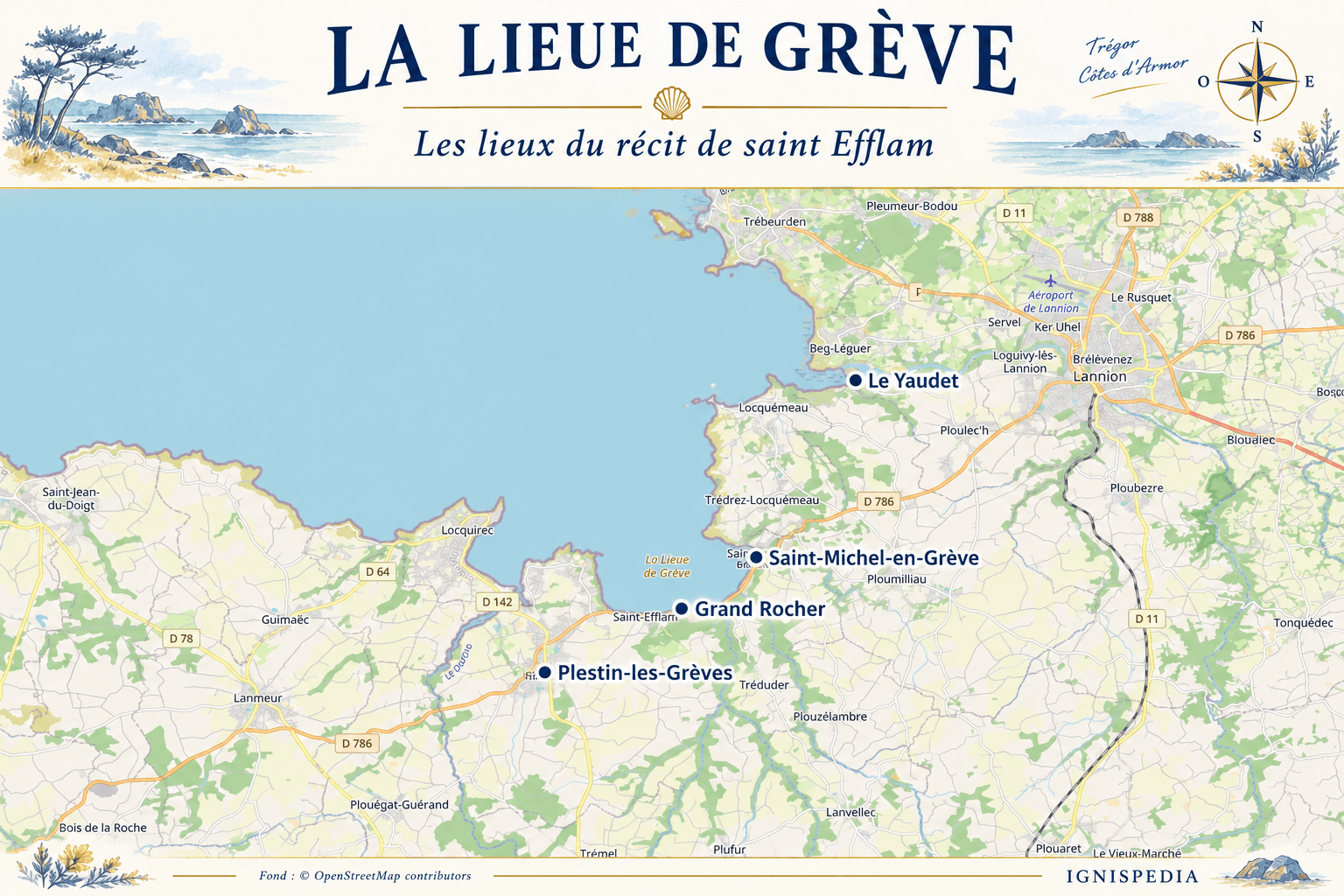 Carte de la lieue de Grève situant Plestin-les-Grèves, Saint-Michel-en-Grève, le Grand Rocher et le Yaudet