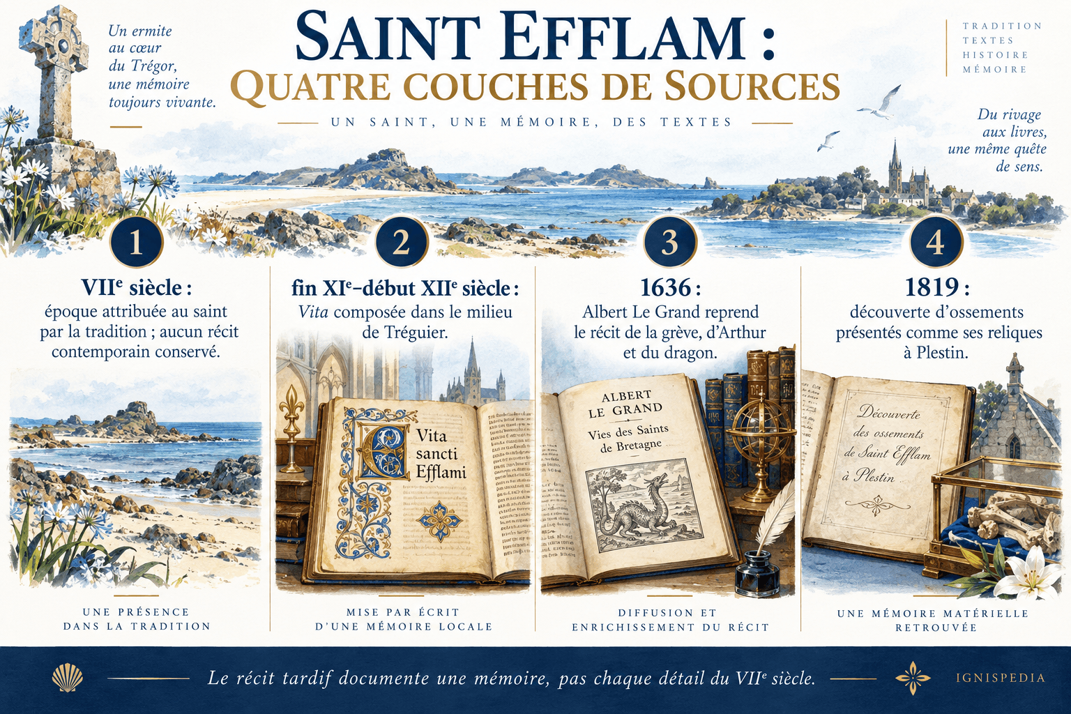 Quatre couches du dossier de saint Efflam, de l'époque attribuée au VIIe siècle à la découverte de 1819