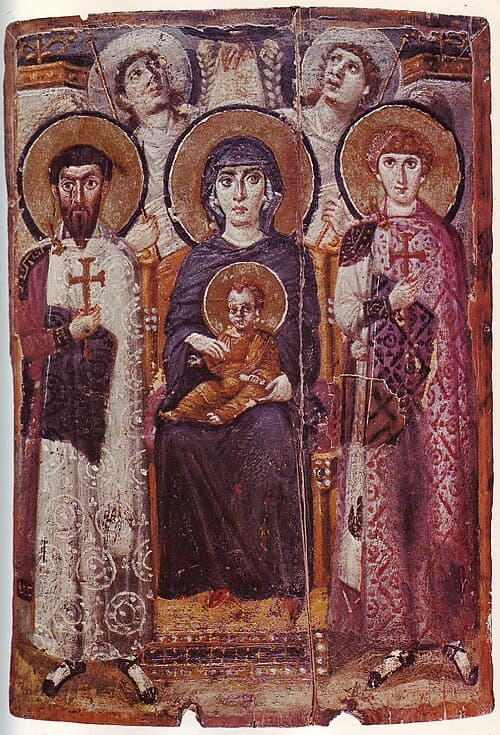 Icona del VI secolo: Vergine col Bambino circondati da santi e due angeli