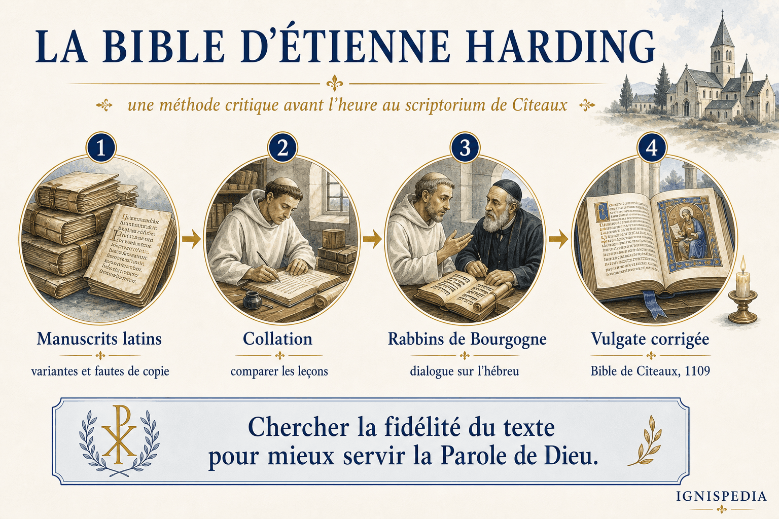 Infographie montrant la méthode de la Bible d'Étienne Harding : manuscrits latins, collation, rabbins de Bourgogne et Vulgate corrigée