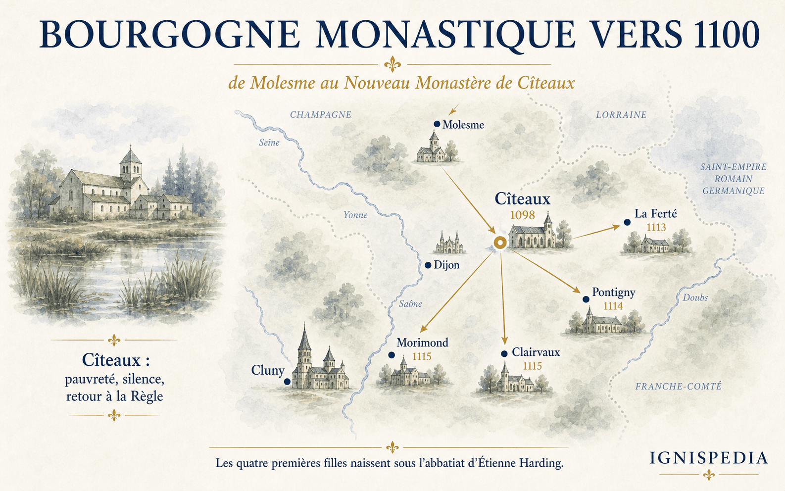 Carte infographique de la Bourgogne monastique vers 1100 montrant Molesme, Cîteaux, Cluny, La Ferté, Pontigny, Clairvaux et Morimond