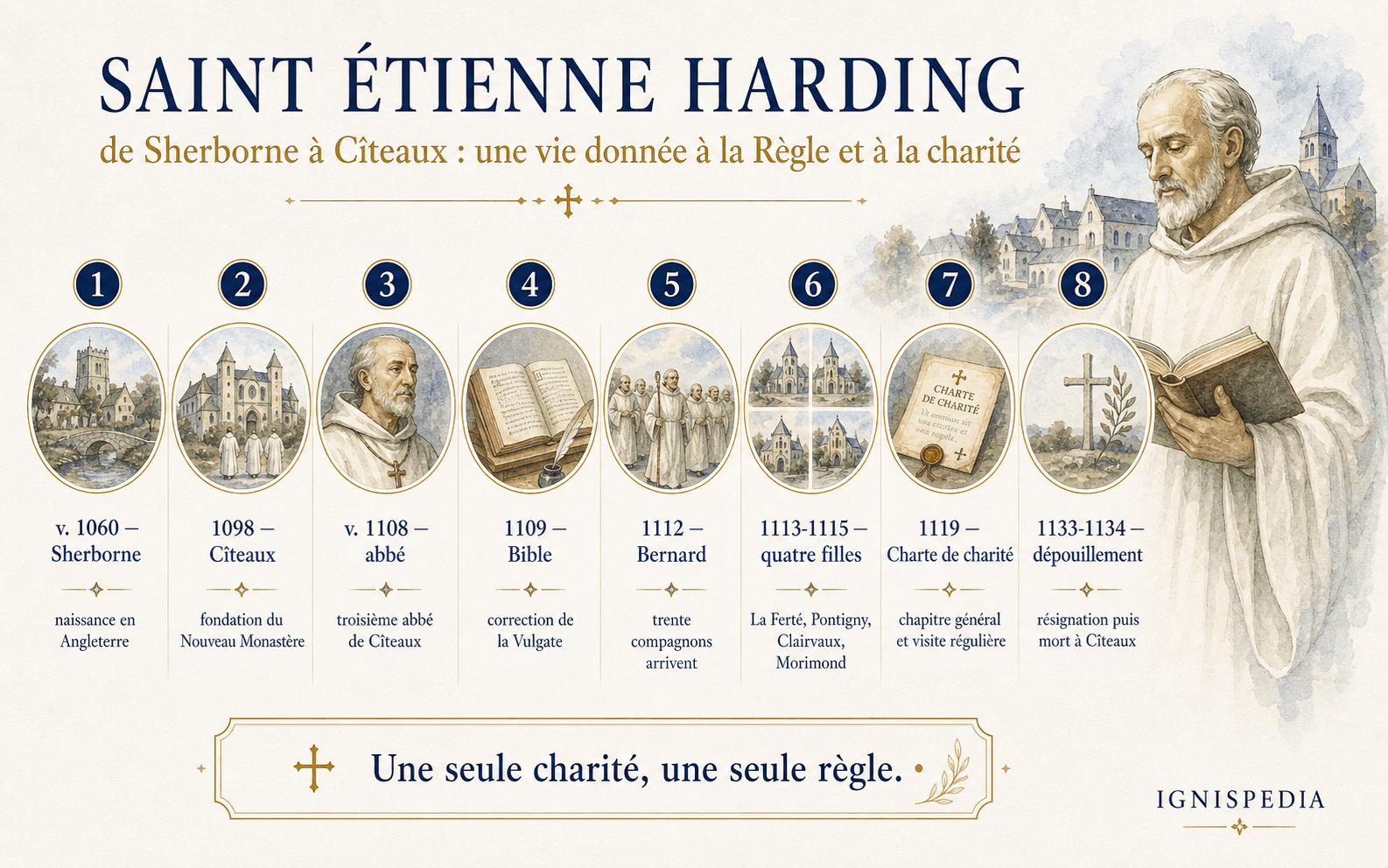 Frise chronologique illustrée de la vie de saint Étienne Harding, de Sherborne à Cîteaux