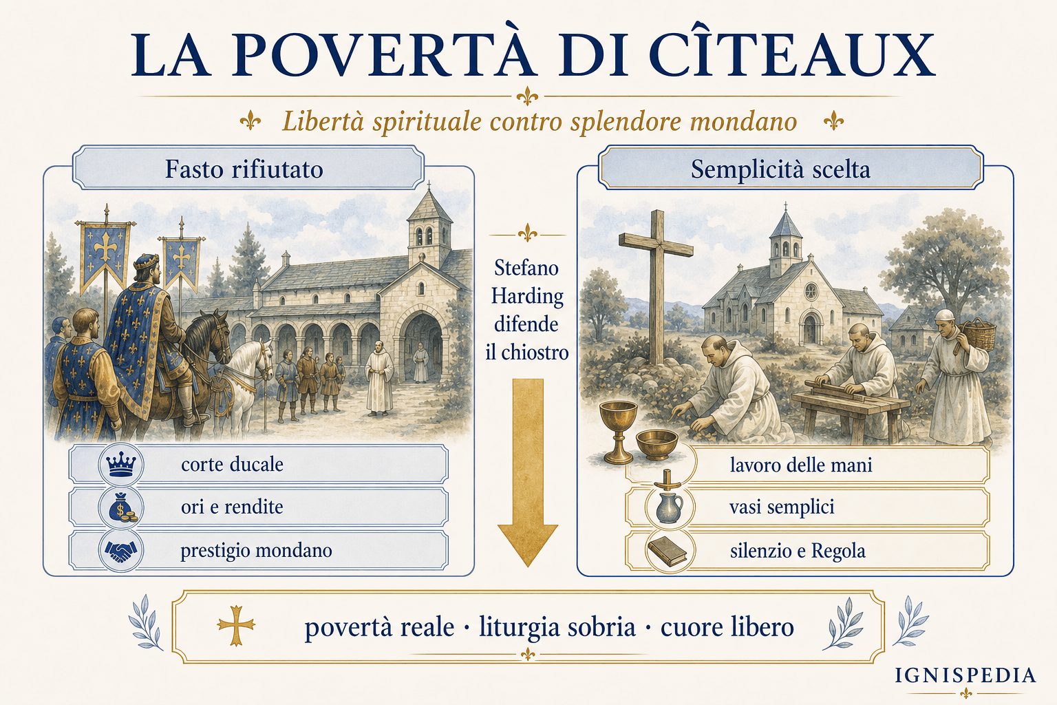 Infografia che contrappone il fasto signorile rifiutato alla semplicità cistercense scelta a Cîteaux