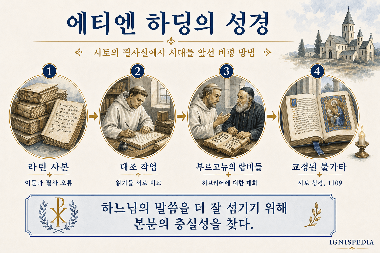 성 에티엔 하딩 성경의 방법론을 보여주는 인포그래픽: 라틴어 필사본, 대조, 부르고뉴의 랍비, 교정된 불가타