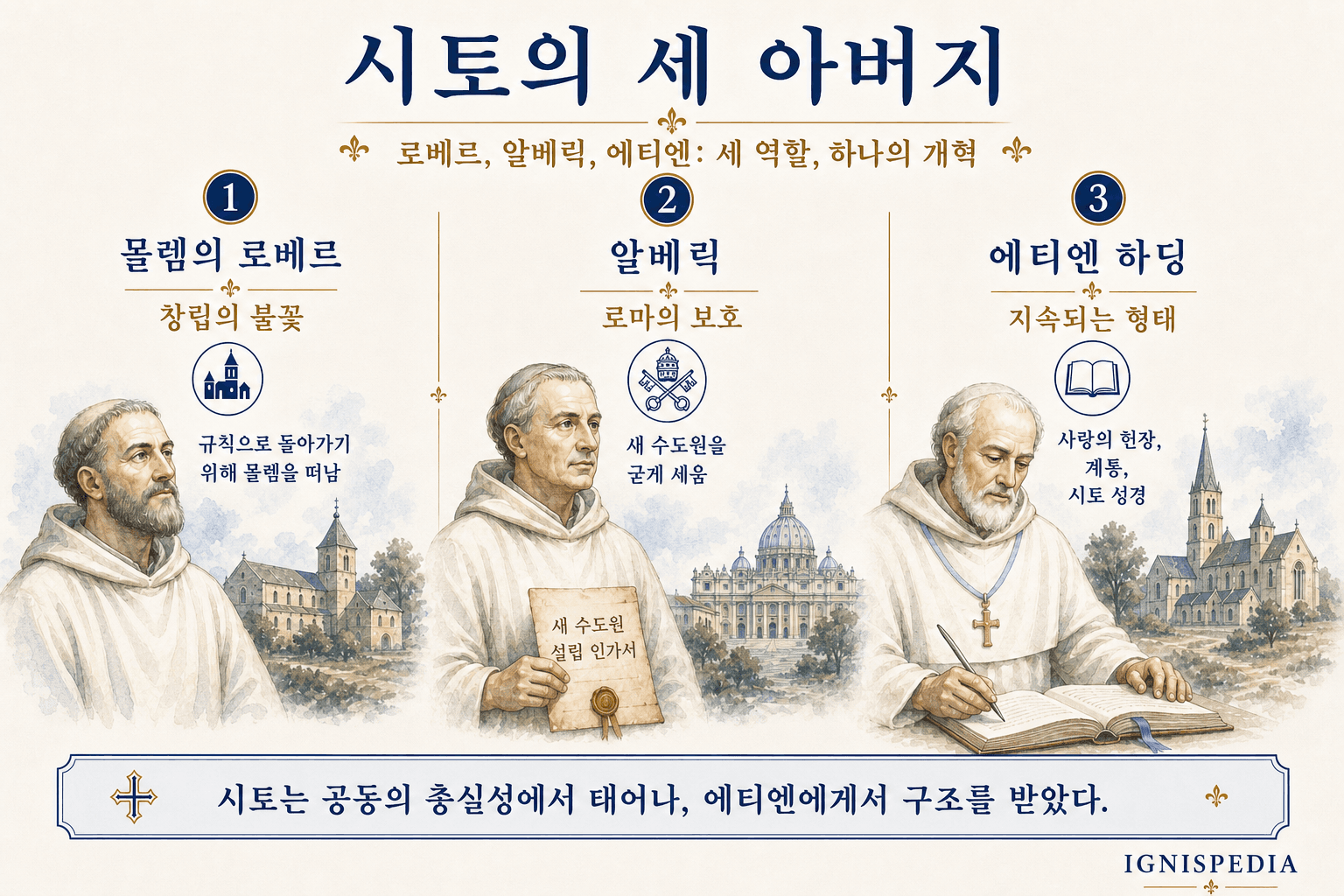 로베르 드 몰렘, 알베리크, 에티엔 하딩을 시토의 세 아버지로 소개하는 인포그래픽