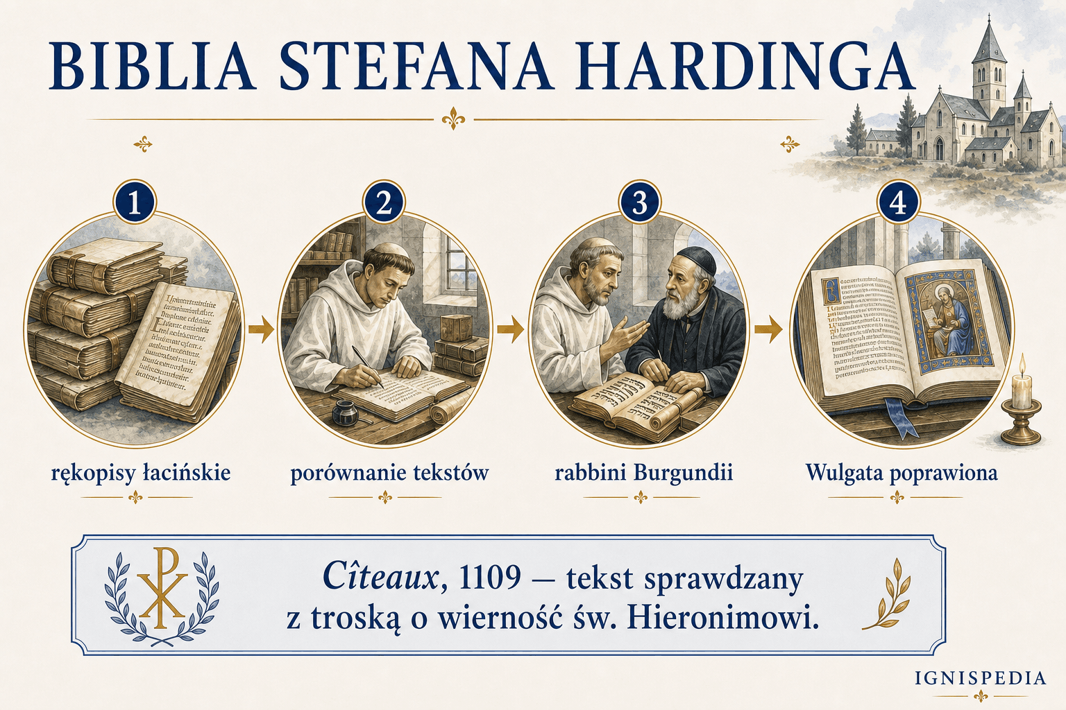Infografika pokazująca metodę Biblii Stefana Hardinga: rękopisy łacińskie, porównanie tekstów, rabbini Burgundii i poprawiona Wulgata