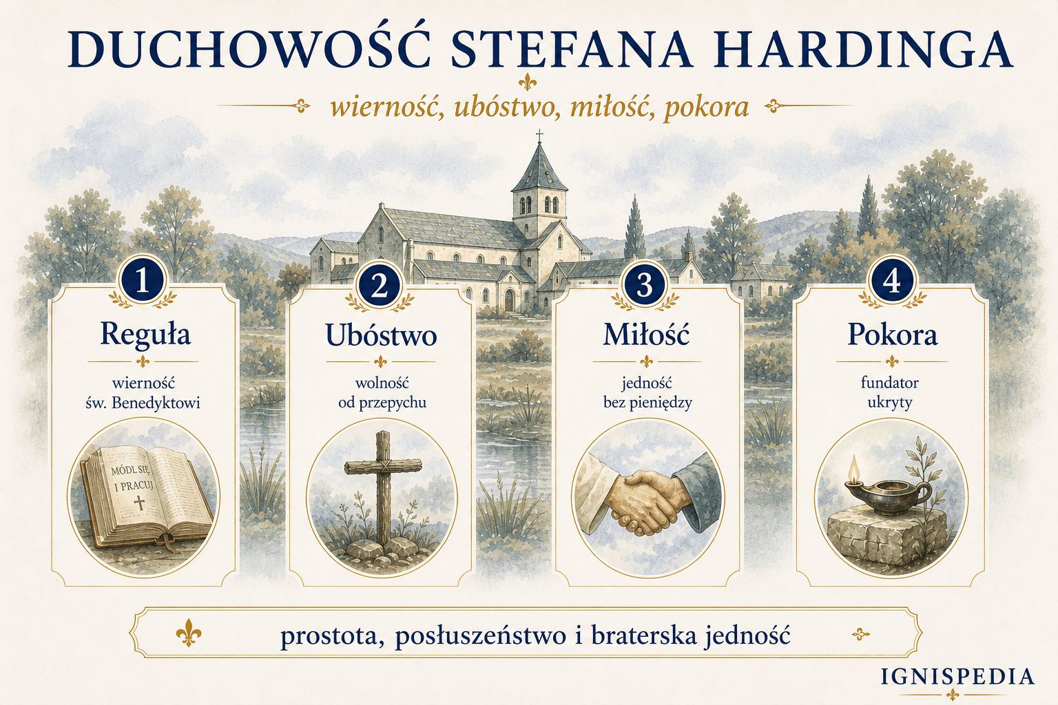 Infografika streszczająca duchowość świętego Stefana Hardinga w czterech filarach: Reguła, ubóstwo, miłość i pokora
