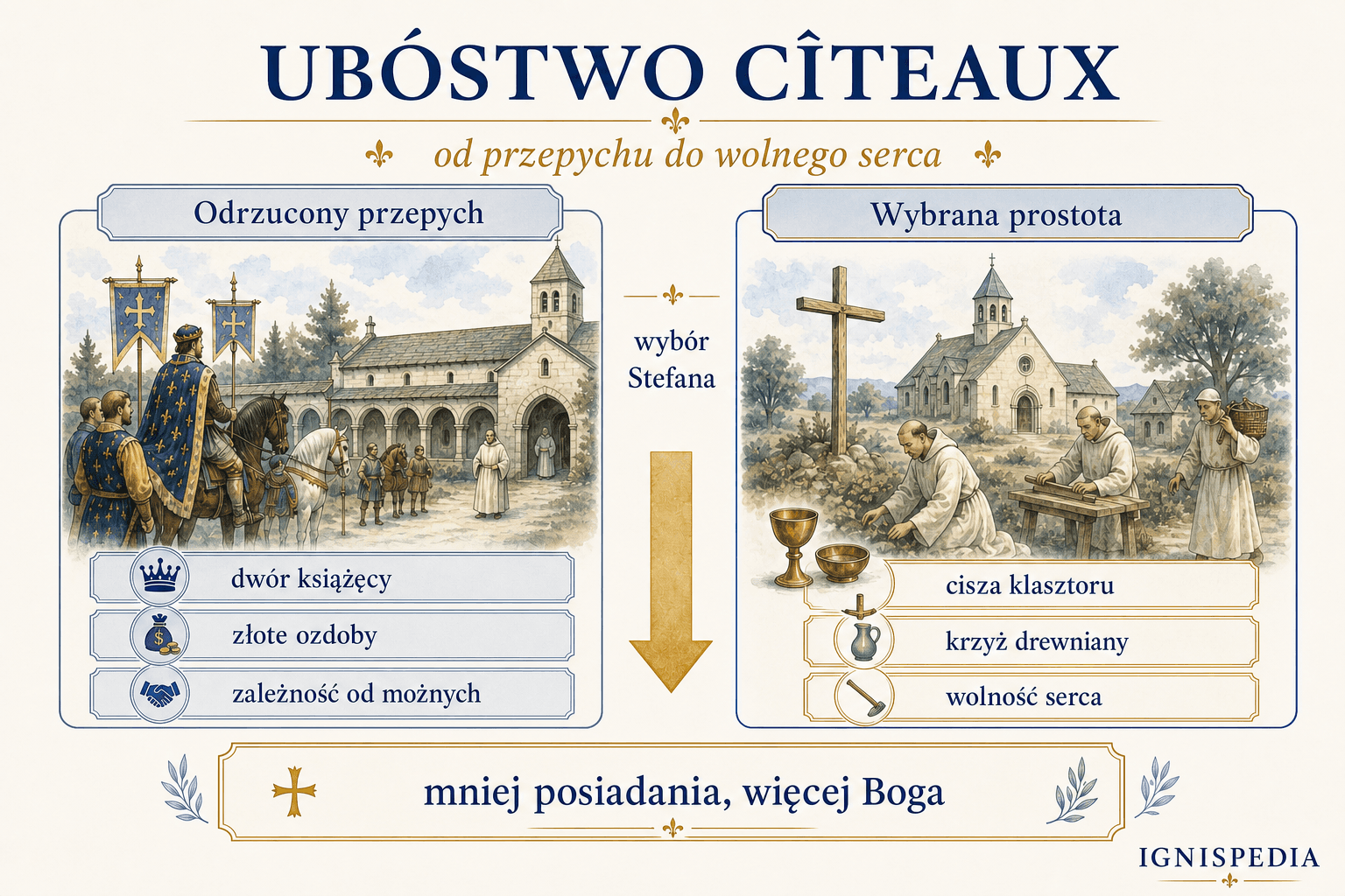 Infografika porównująca odrzucony przepych możnych z prostotą cysterską wybraną w Cîteaux