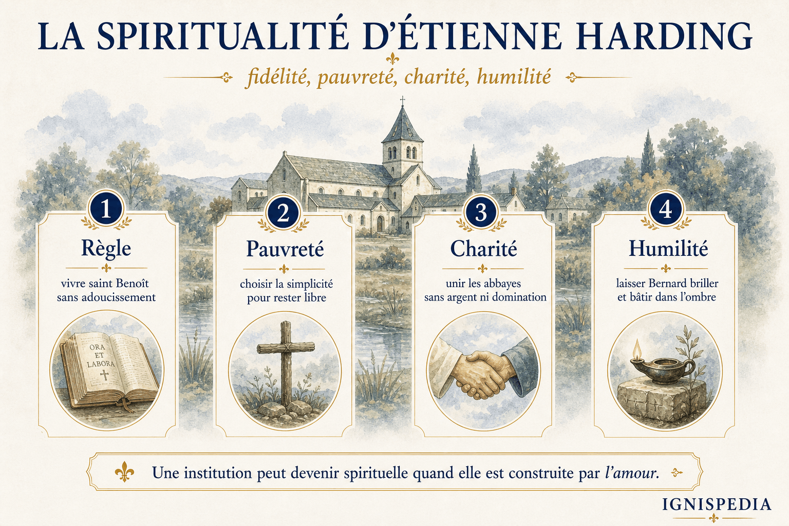 Infographie résumant la spiritualité de saint Étienne Harding en quatre piliers : règle, pauvreté, charité et humilité