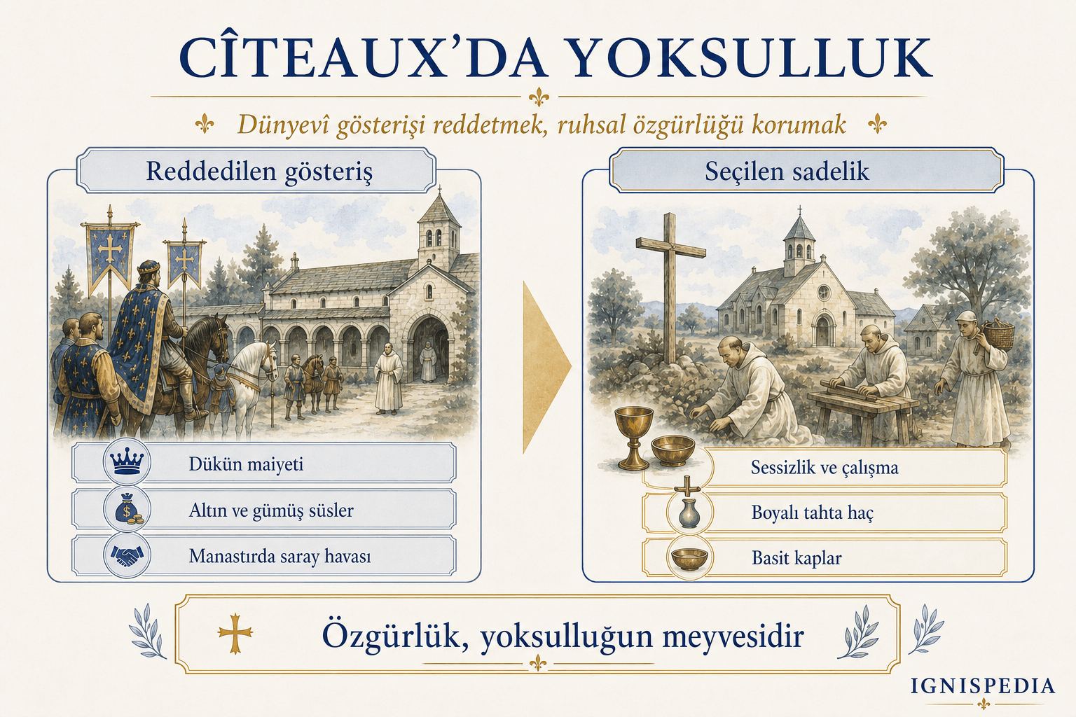 Reddedilen senyörlük gösterişiyle Cîteaux'da seçilen Sistersiyen sadeliğini karşılaştıran Türkçe infografik