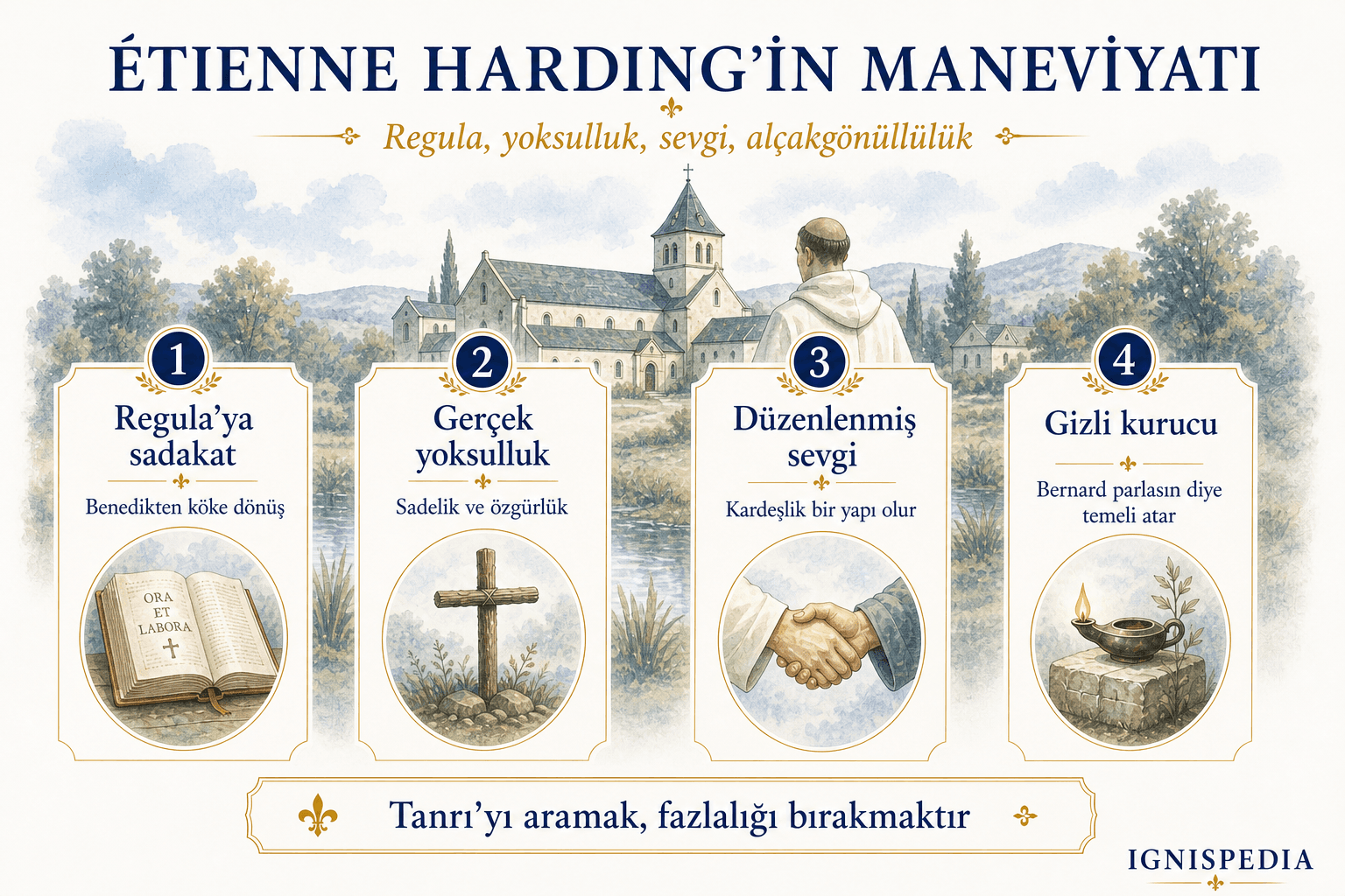 Étienne Harding'in maneviyatını Regula, yoksulluk, sevgi ve alçakgönüllülük olarak özetleyen Türkçe infografik