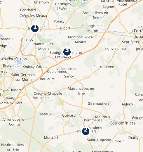 Carte actuelle de la Brie avec trois repères vérifiés : Meaux au nord, Faremoutiers au sud et Saint-Fiacre près de Meaux