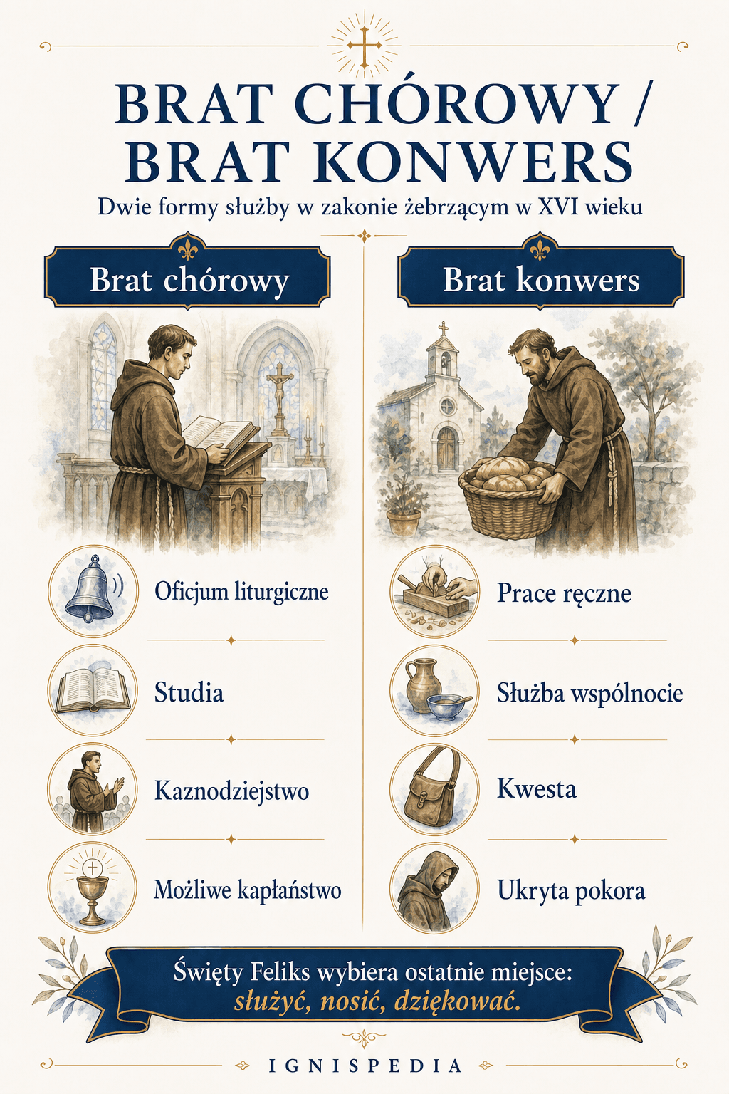 Infografika porównująca brata chórowego i brata konwersa w zakonie żebraczym