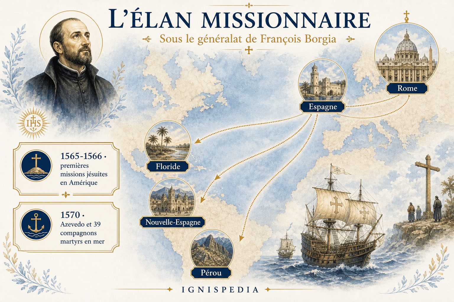 Infographie cartographique sur l'élan missionnaire jésuite sous le généralat de saint François Borgia.