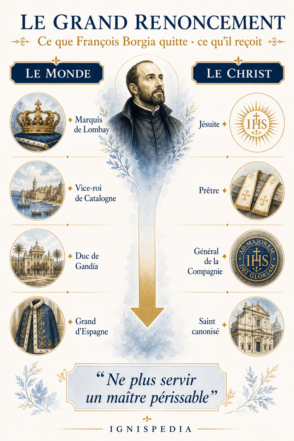 Infographie montrant le renoncement de François Borgia : titres mondains quittés et vocation jésuite reçue.