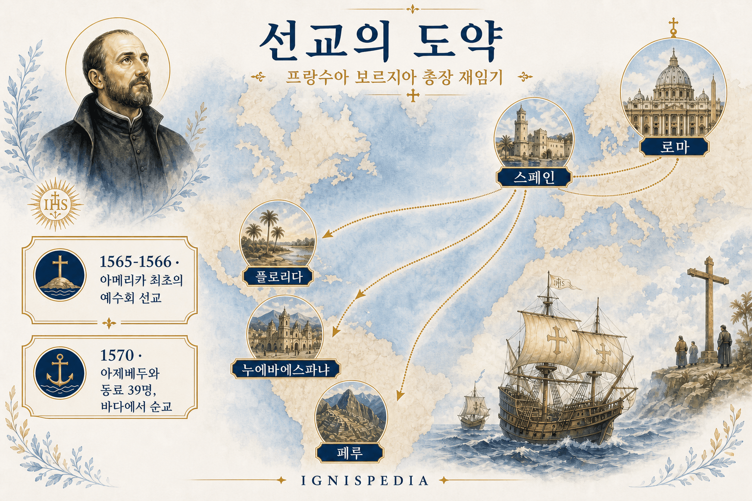 성 프란치스코 보르하 총장 시절 예수회 선교 열풍에 관한 지도 인포그래픽.