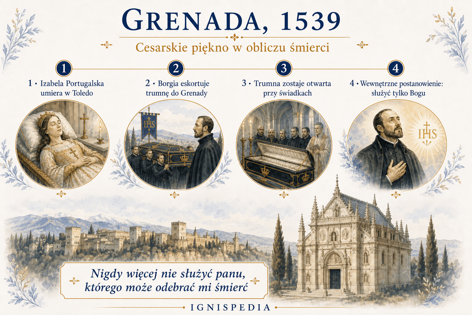 Infografika dotycząca epizodu z Grenady w 1539 roku, gdy Francisco Borgia eskortuje trumnę cesarzowej Izabeli.