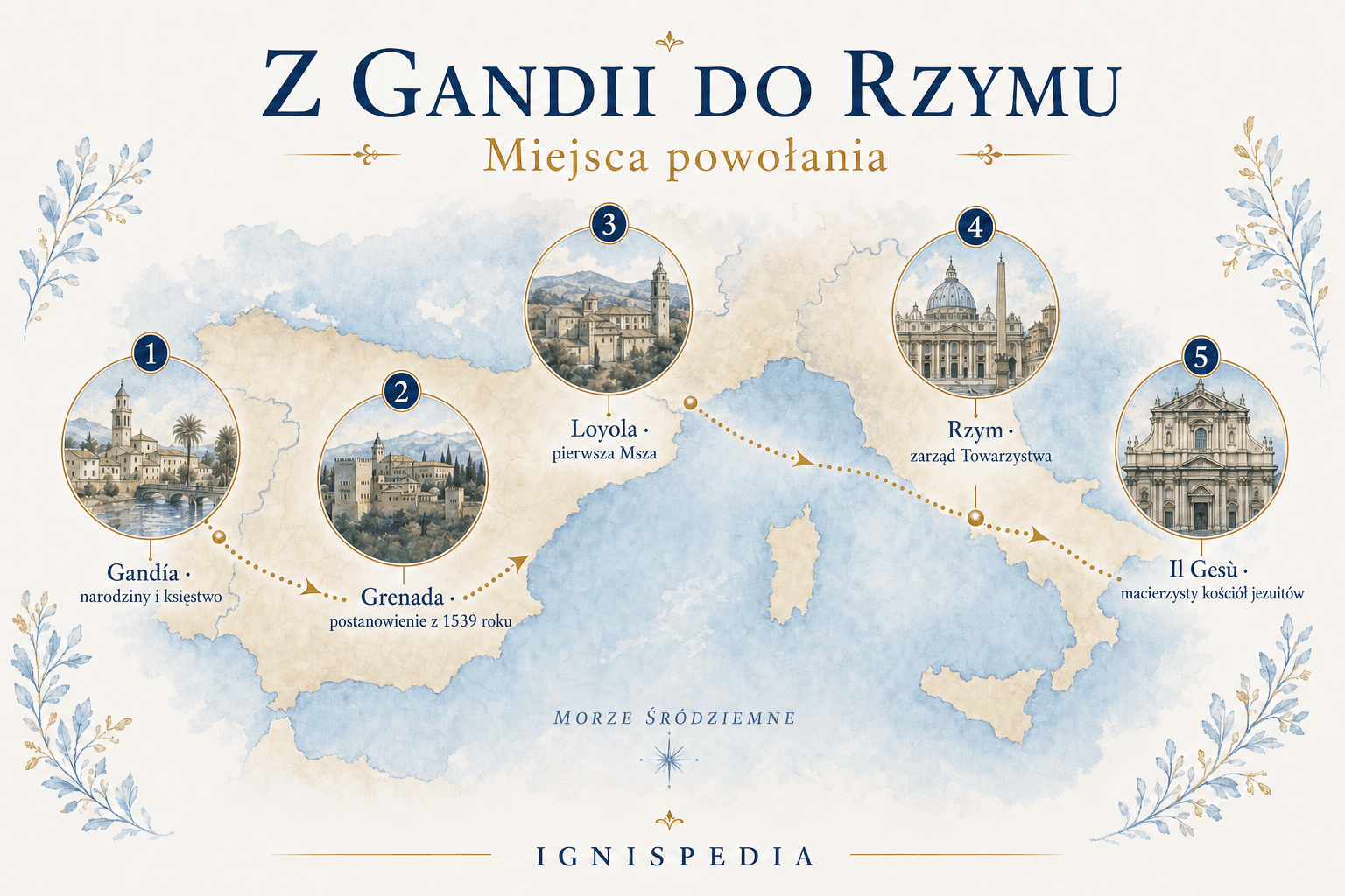 Mapa infograficzna kluczowych miejsc powołania świętego Franciszka Borgii, od Gandii do Rzymu.