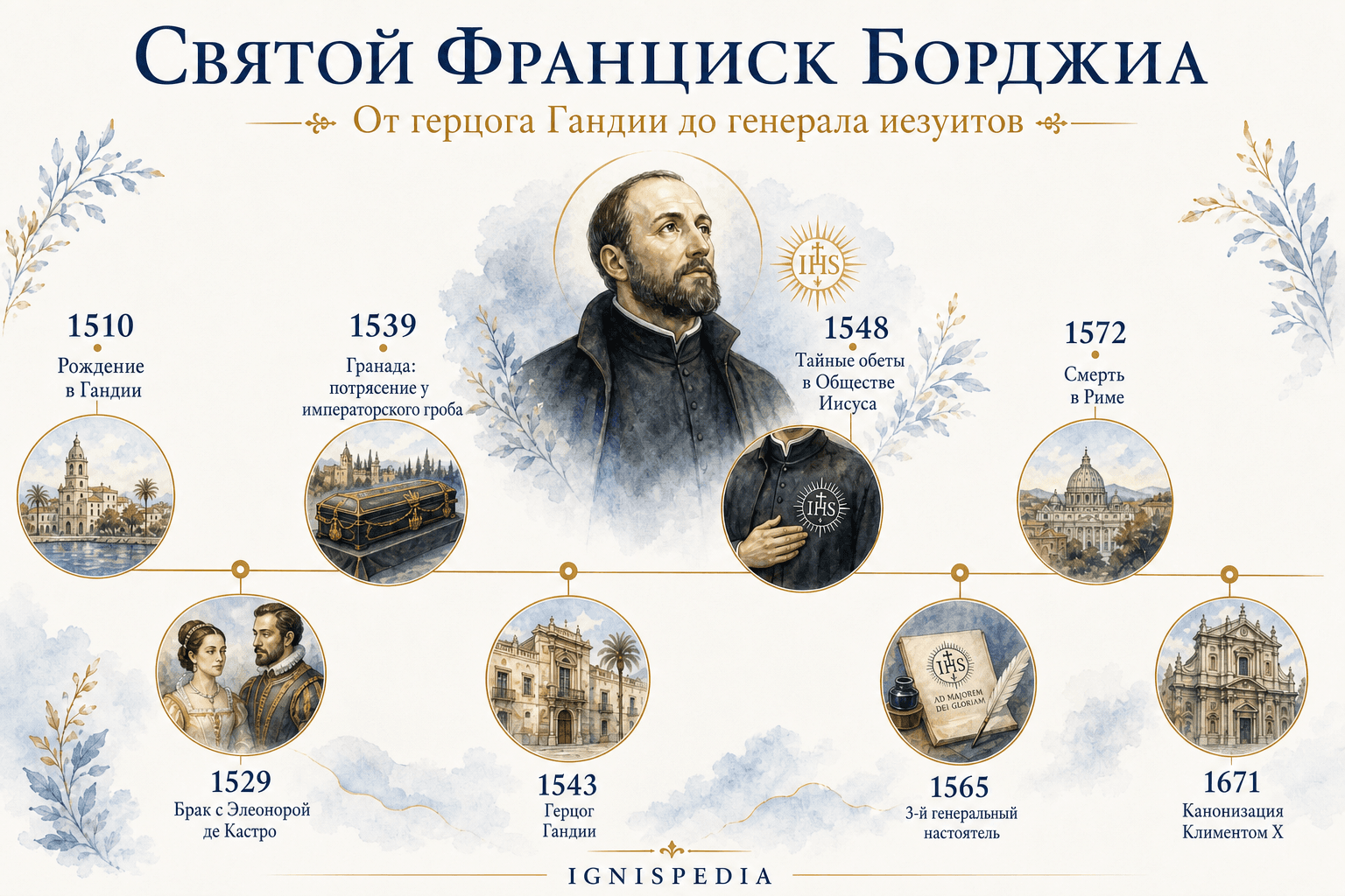 Хронологическая инфографика святого Франциска Борджиа: от рождения в Гандии в 1510 году до канонизации в 1671 году.