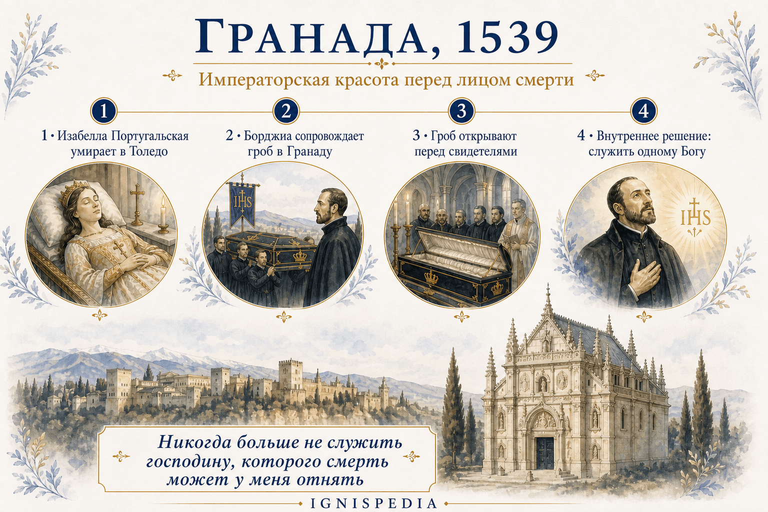 Инфографика о гранадском эпизоде 1539 года, когда Франциск Борджиа сопровождает гроб императрицы Изабеллы.