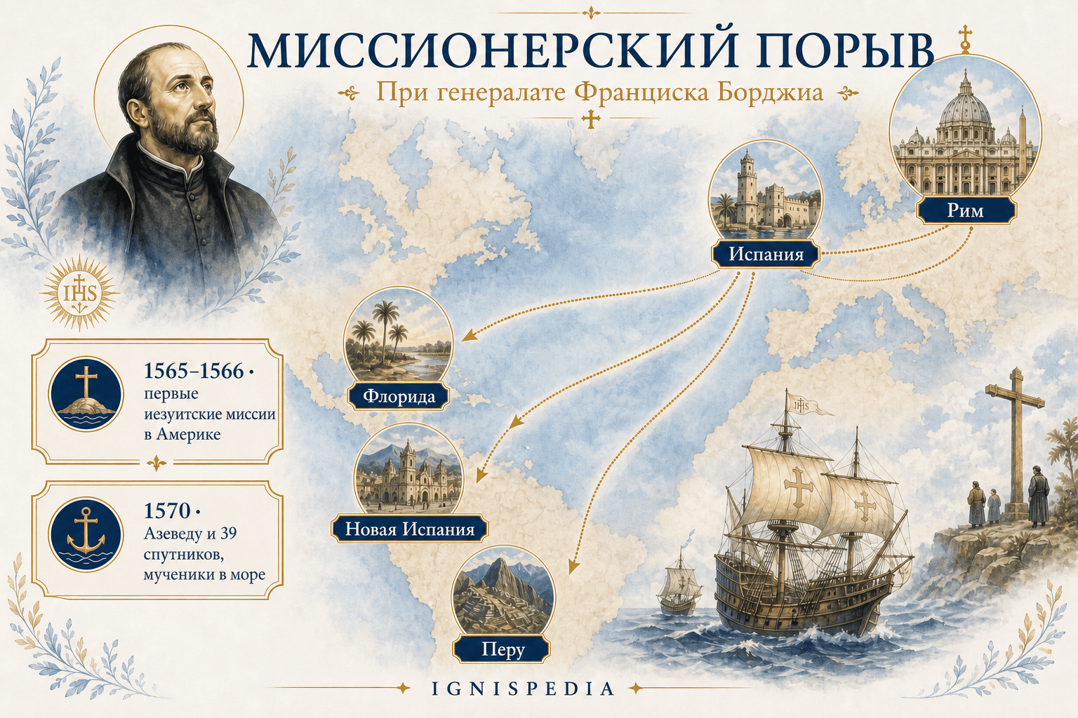 Картографическая инфографика о миссионерском порыве иезуитов при генералстве святого Франциска Борджиа.
