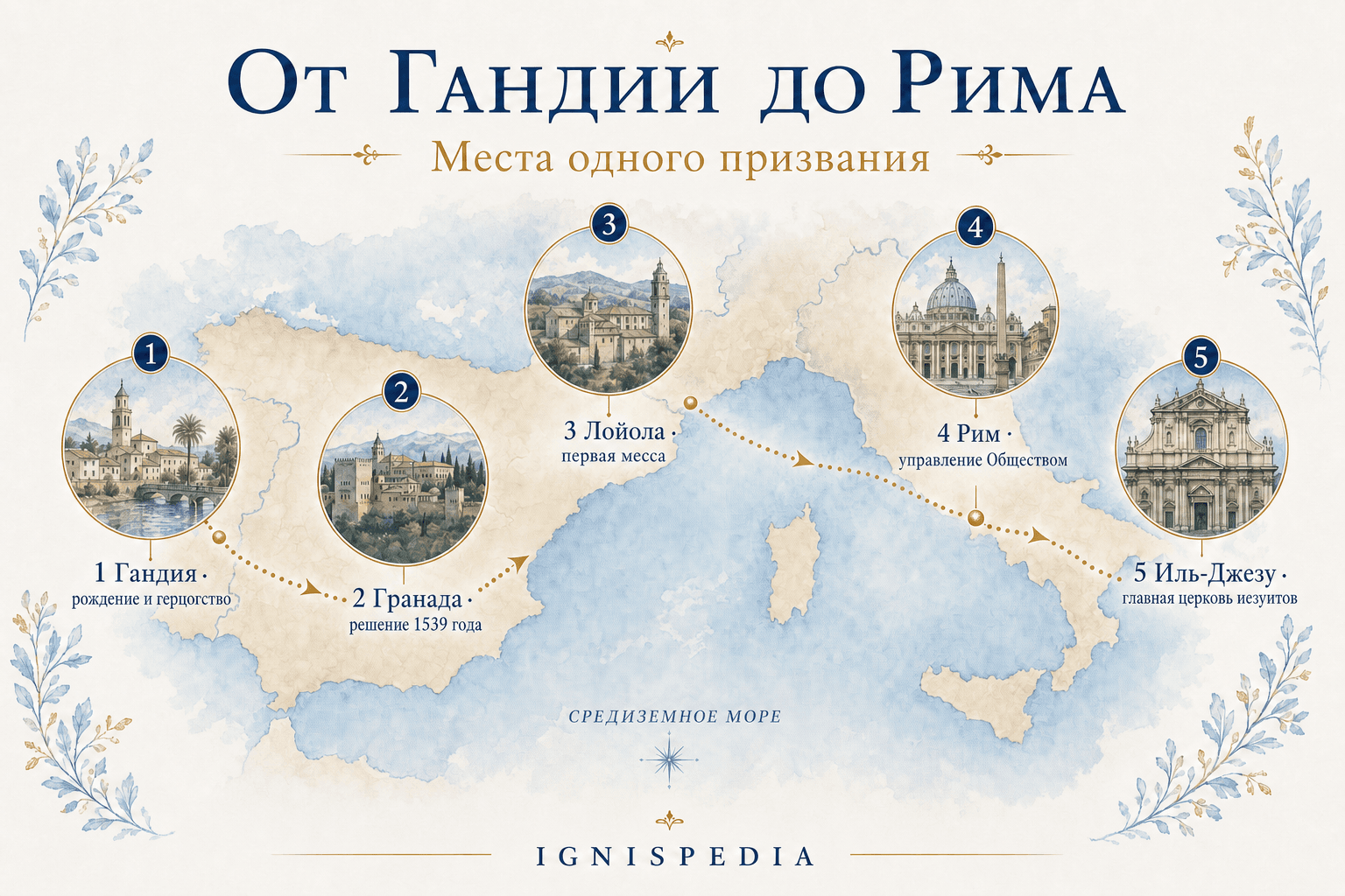 Инфографическая карта ключевых мест призвания святого Франциска Борджиа, от Гандии до Рима.