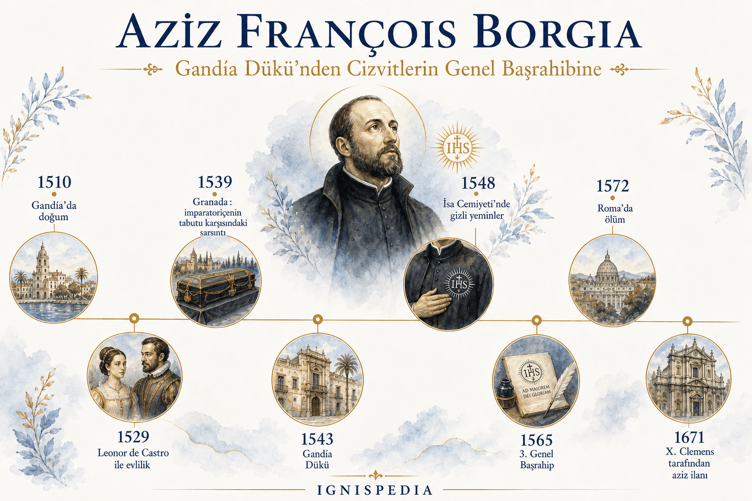 Aziz François Borgia’nın 1510’daki Gandía doğumundan 1671’deki azizlik ilanına kadar kronolojik infografiği.