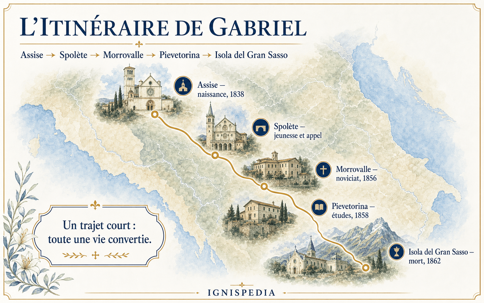 Mapa del itinerario de san Gabriel por el centro de Italia, de Asís a Isola del Gran Sasso