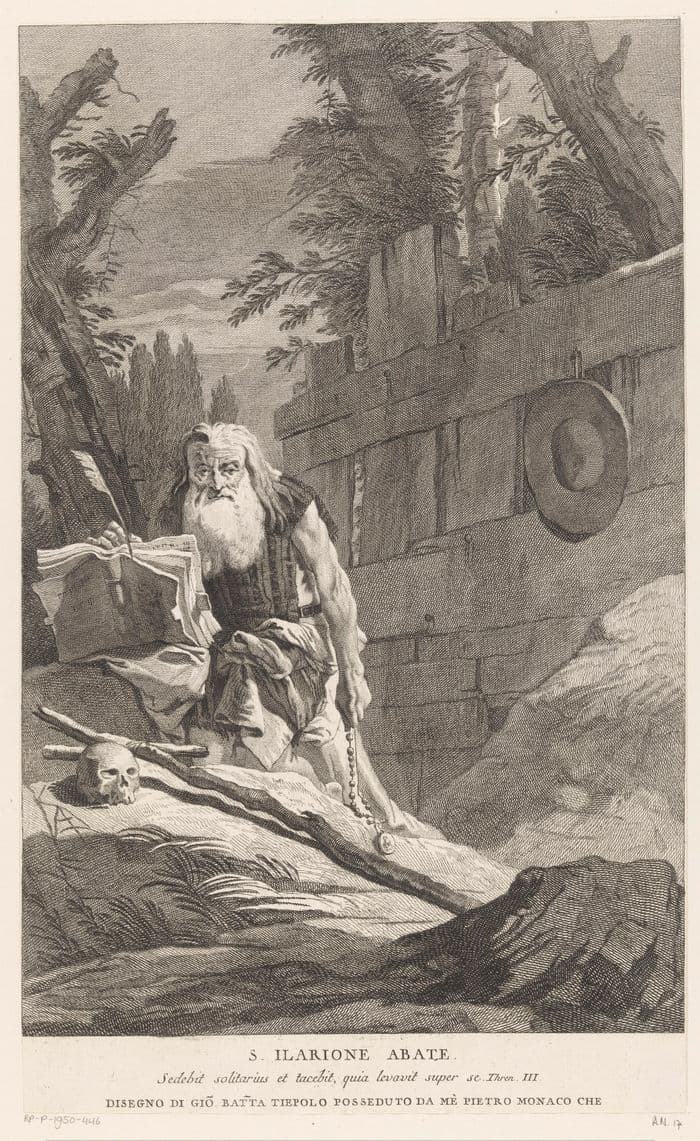 Gravure ancienne représentant saint Hilarion de Gaza en ermite, Rijksmuseum, Amsterdam.