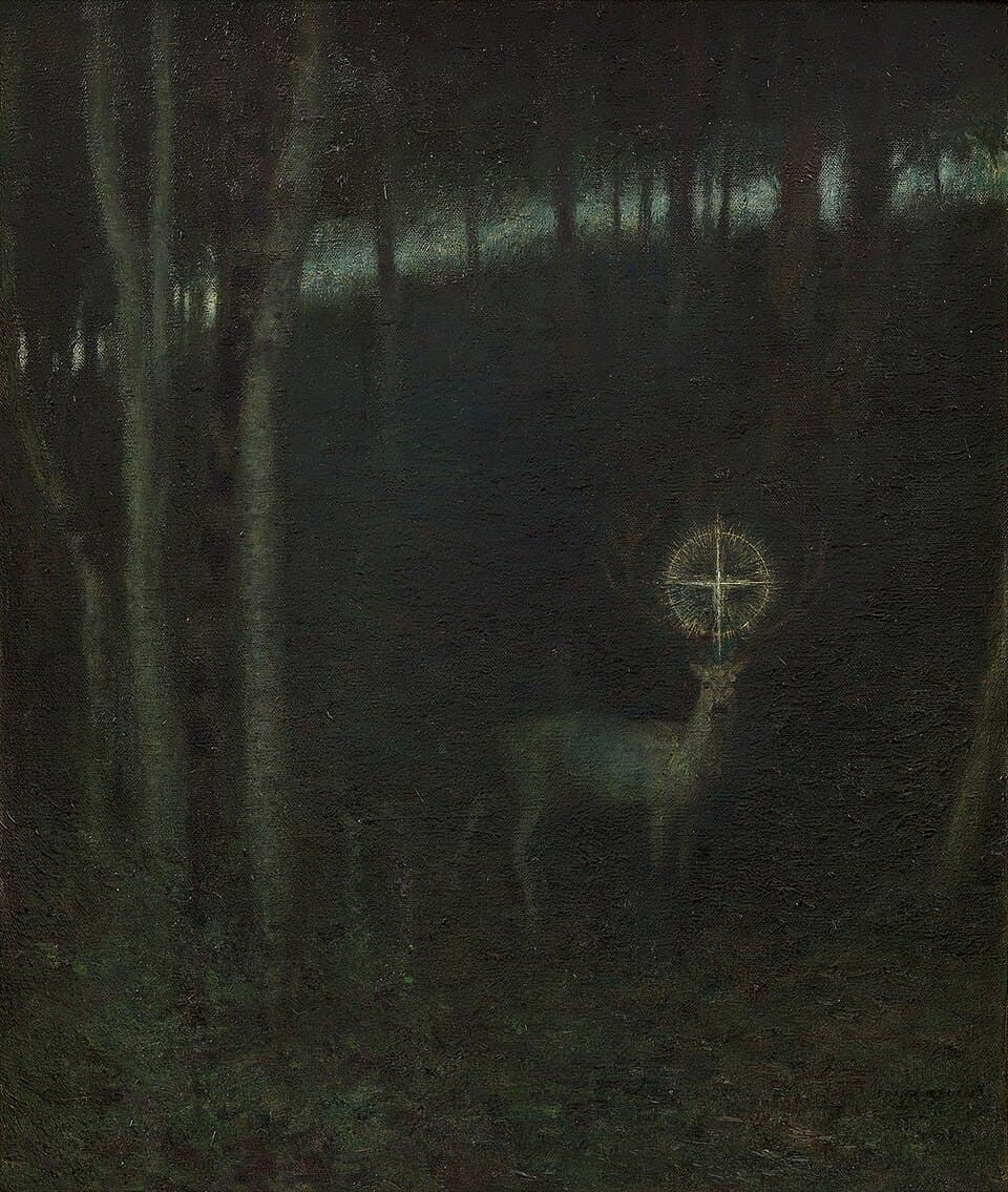 La vision de saint Hubertus, Franz von Stuck, 1890 : un cerf portant une croix entre les bois apparaît à un chasseur à genoux