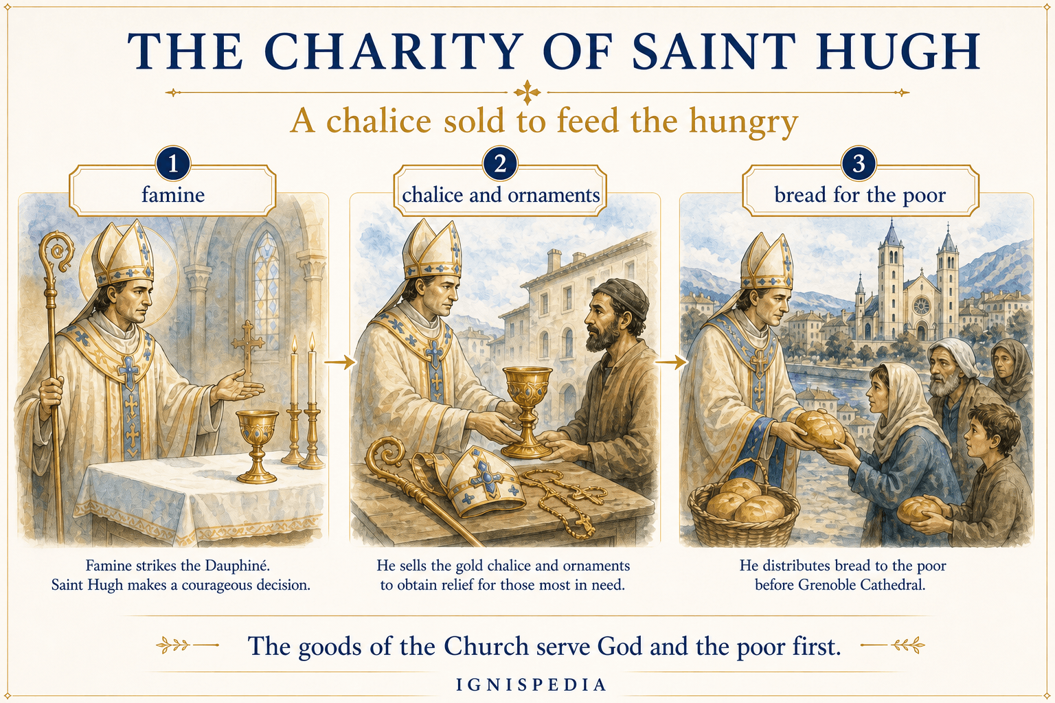 Infographic showing Saint Hugh selling a chalice and episcopal ornaments to feed the poor during a famine