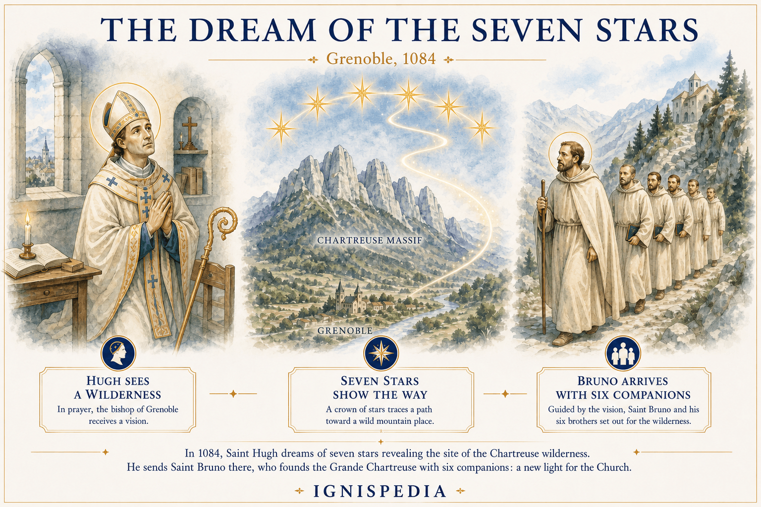 Infographic of Saint Hugh's dream of the seven stars and Saint Bruno's arrival with six companions